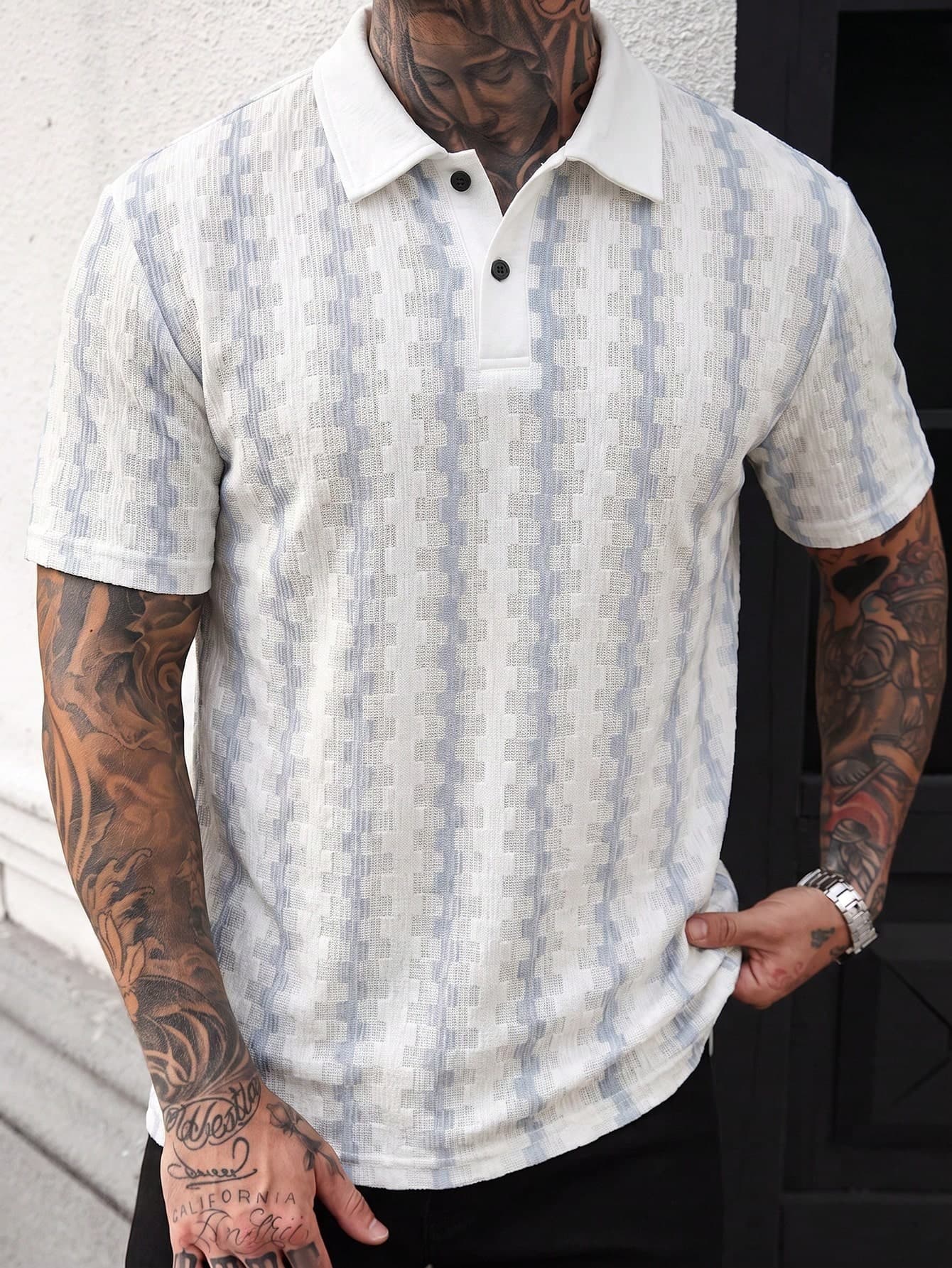 Manfinity Homme Men's Colorblock Turn-Down Collar Short Sleeve Polo Shirt, Vintage Geometric Jacquard Casual Top