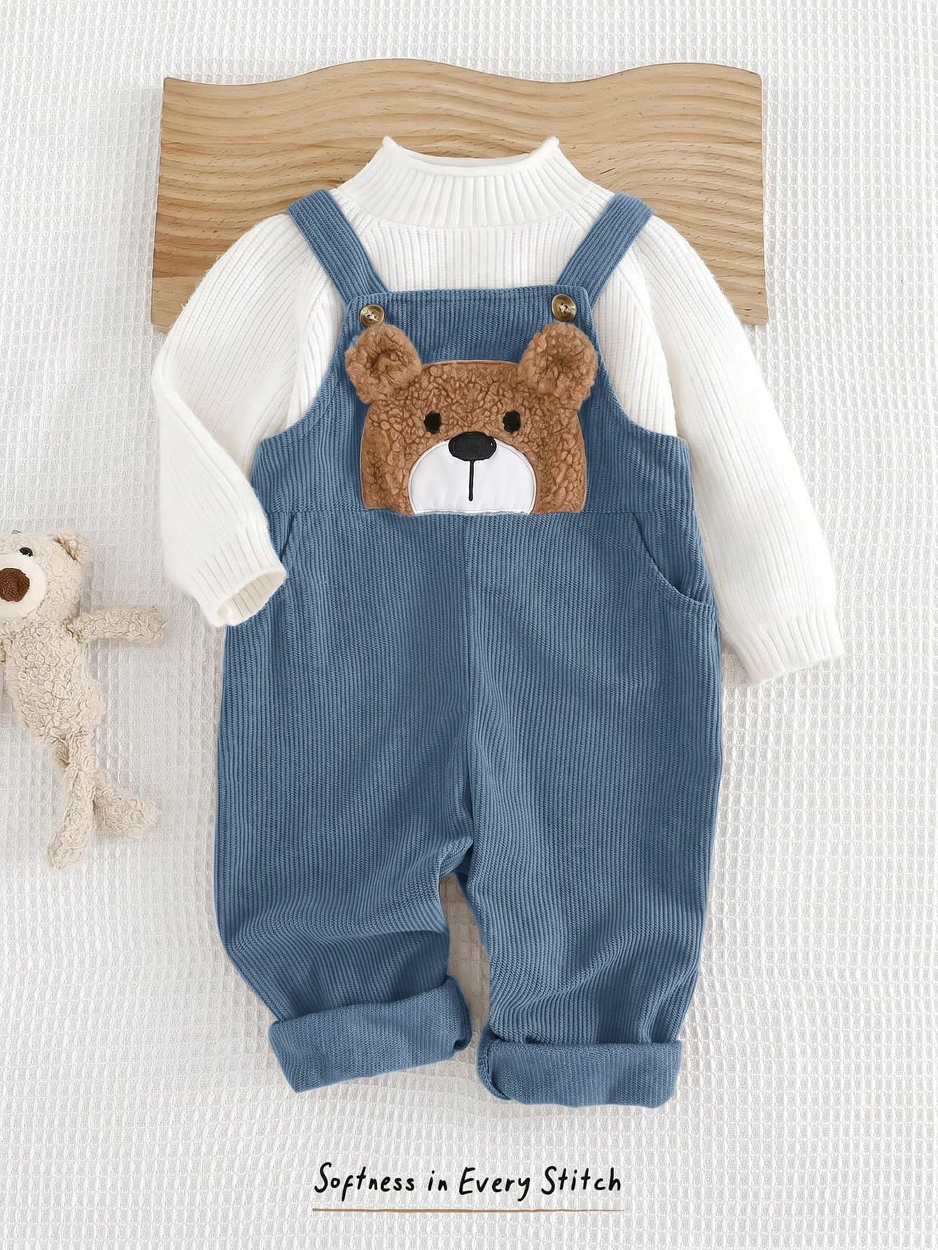 Cozy Pixies Baby Boy Cartoon Bear Pattern Overall Jumpsuit, Versatile And Comfortable, Suitable For Spring And Autumn