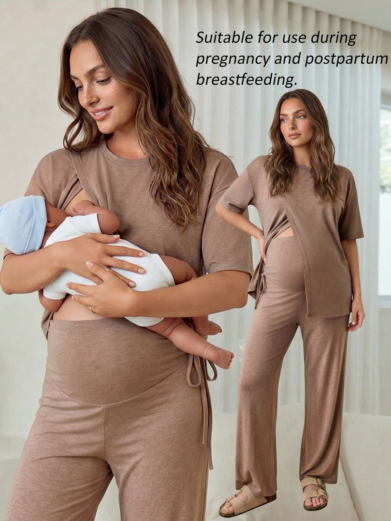Slowluna Maternity Solid Color Round Neck Nursing Top And Adjustable Waist Long Pants Casual Daily 2 Pieces Set Loungewear Pajama Nightgown Robe