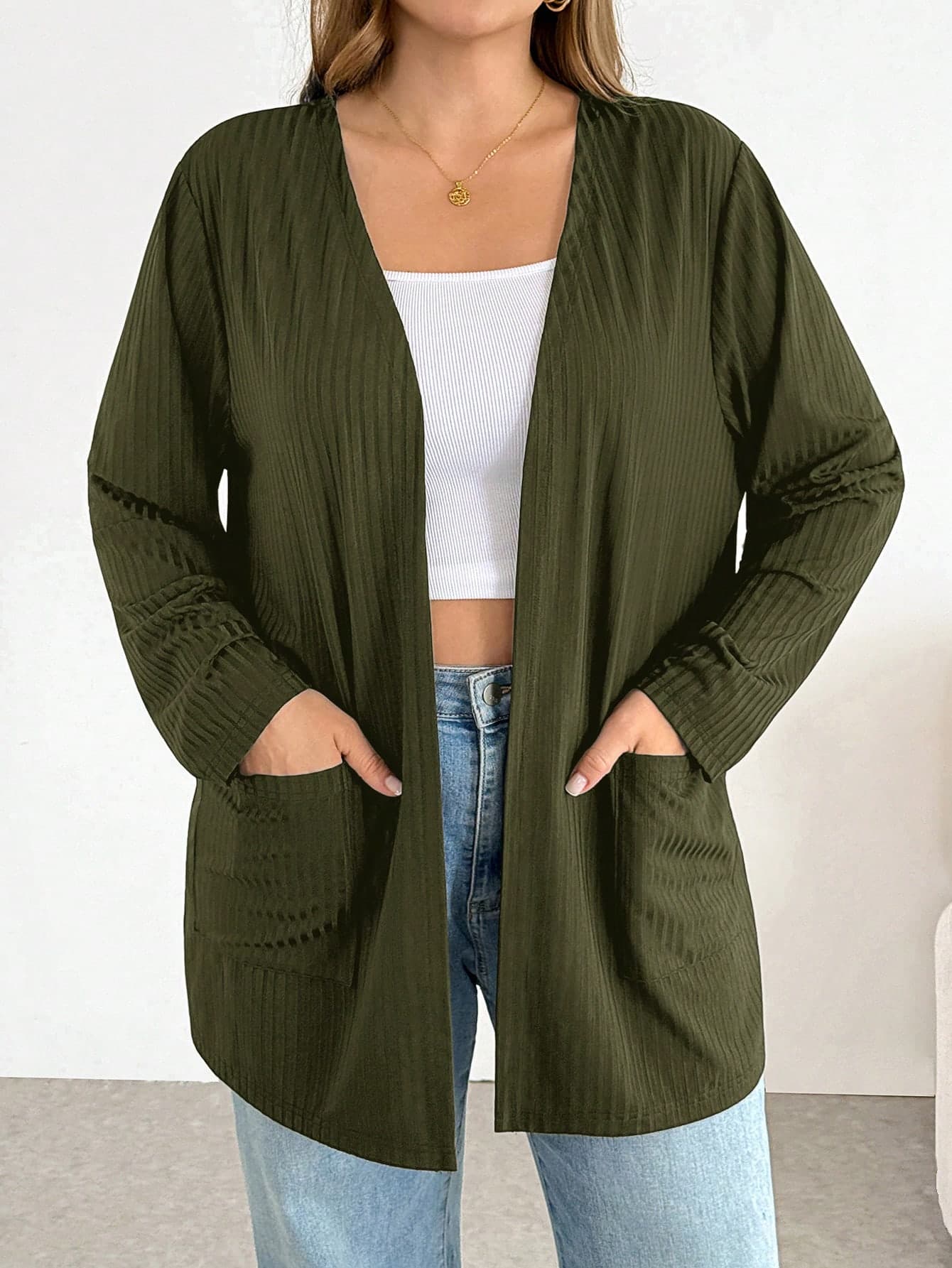 SHEIN Essnce Plus Size Women's Solid Color Casual Versatile Daily Wear Long Sleeve Cardigan