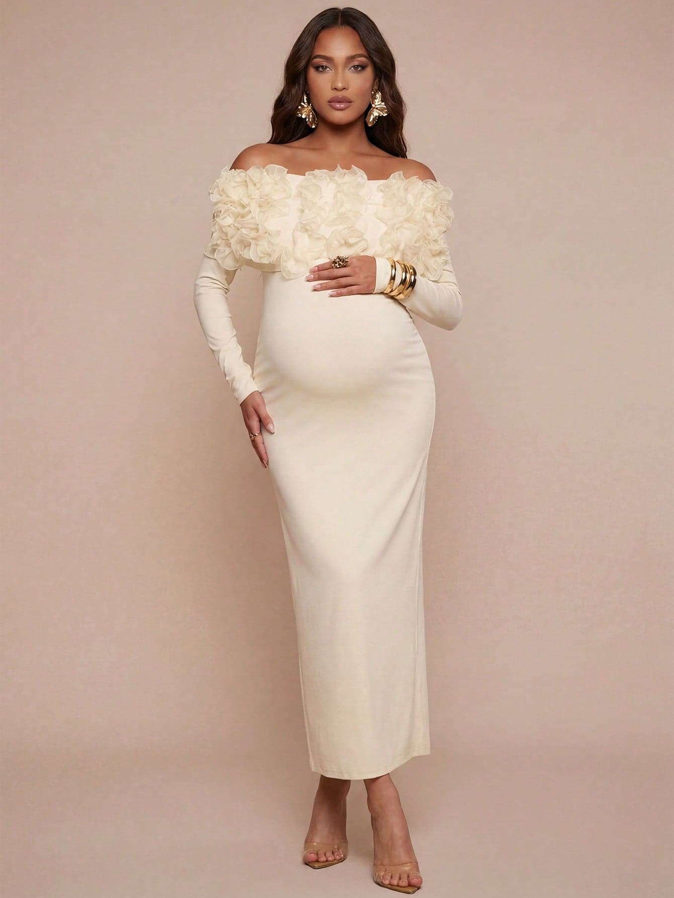 MaterniChic Elegant Maternity Party Dress With Off-Shoulder Neckline And 3D Frill Trim Autumn Outfit Wedding Guest Dress Luxury Evening  Elegant Dresses Ruffle