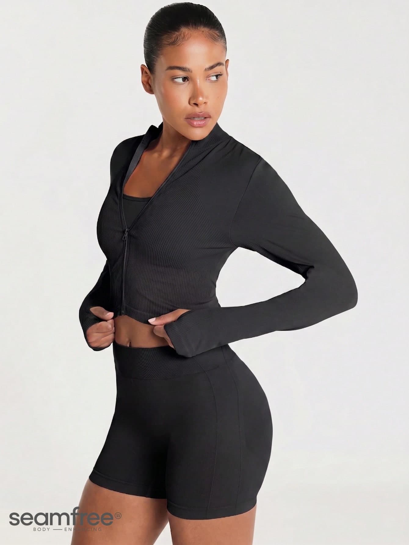 11SKNDS Ribbed Full Zip Crop Jacket With Mock Neck, Long Sleeves, Thumbhole Cuffs, Form Fitting Stretch Fabric, Ideal For Active Casual Layering All Season