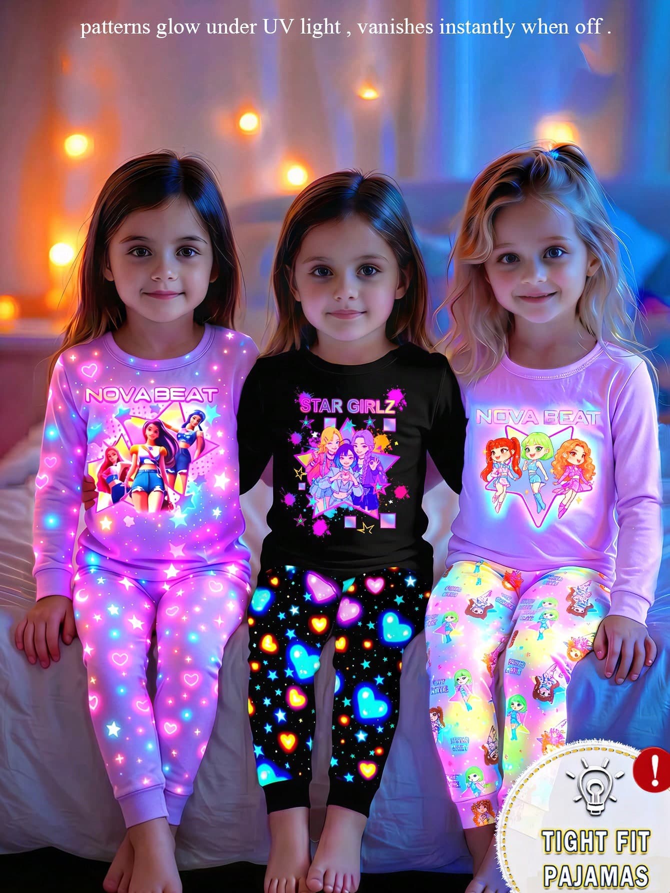 SHEIN Girls' UV Glow-In-The-Dark Purple Light Cartoon Princess Pajama Set, Anime Fan Girl Print Style, Pure Black With Neon Fluorescent Heart Pattern, Knitted Stretch Slim Fit, Spring/Autumn Crew Neck Long Sleeve Pants Casual 2-Piece Loungewear