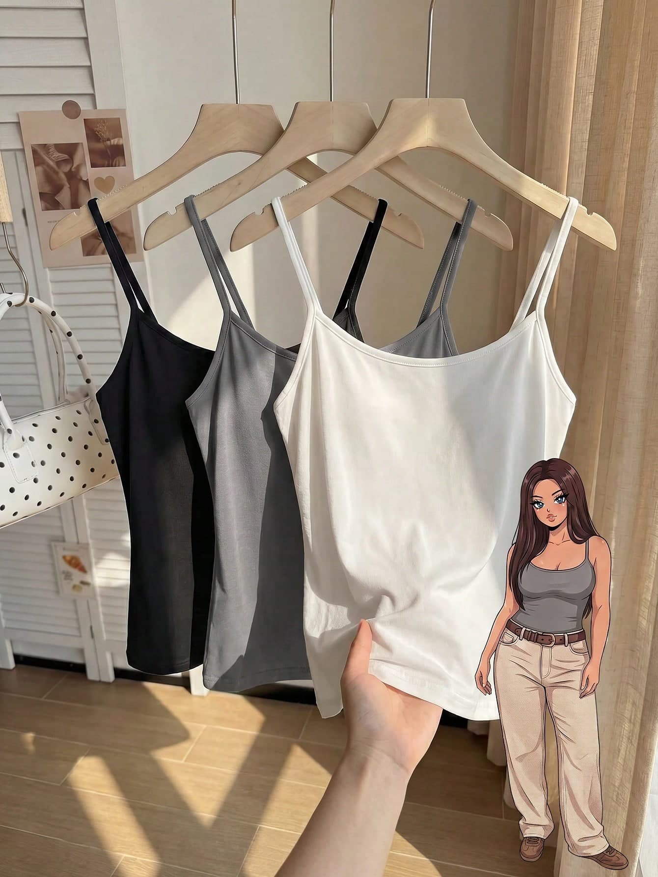 Comfortcana Plus Size Women Solid Color Fitted Camisole Tank Top 3pcs Set