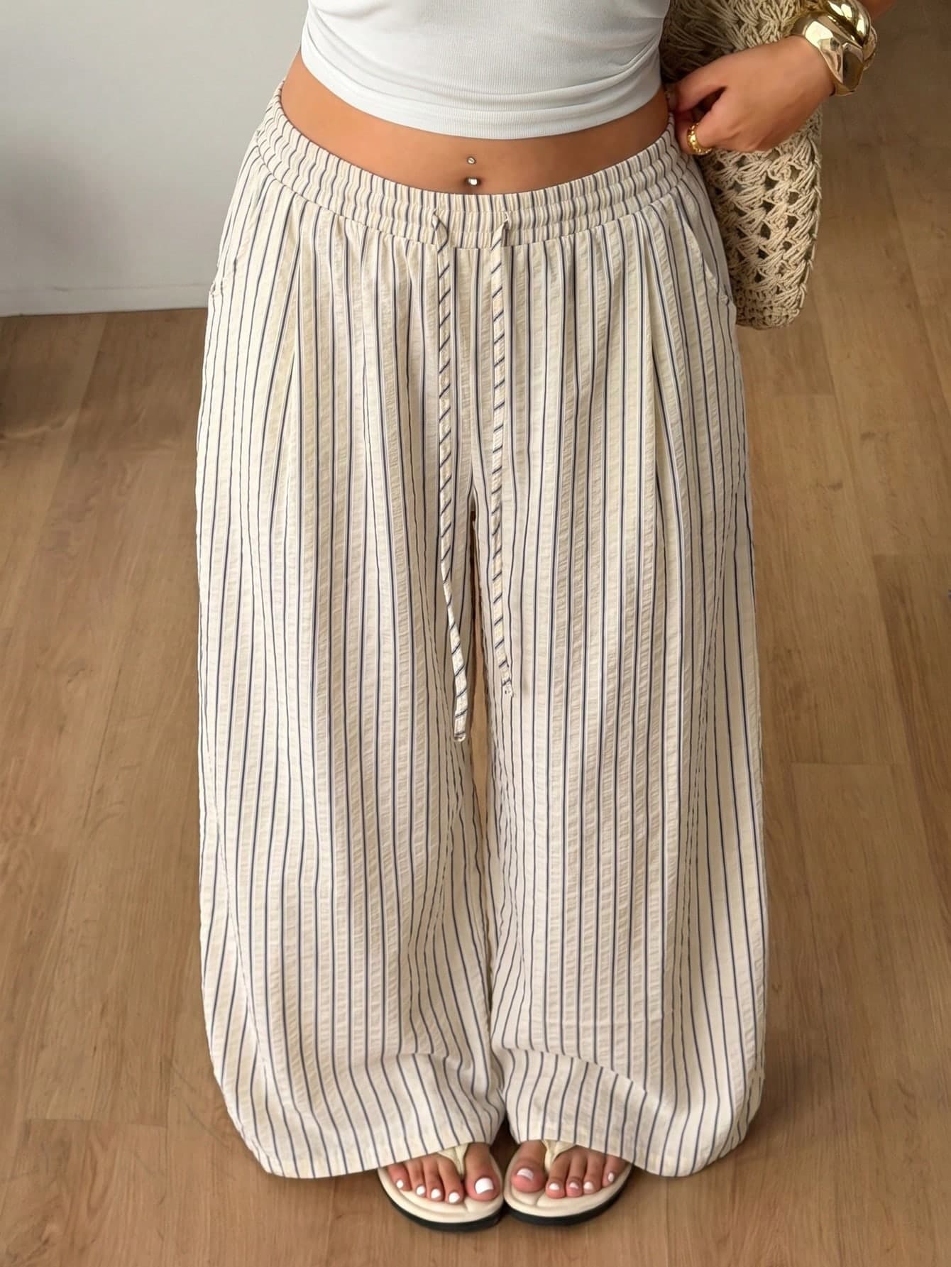 Coolane Women's Plus Size Autumn Vacation Holiday Casual Curve Traditional Boho Oversized Drawstring Waist Beige Loose High-Waist Pants Fall Vacation Vacation
