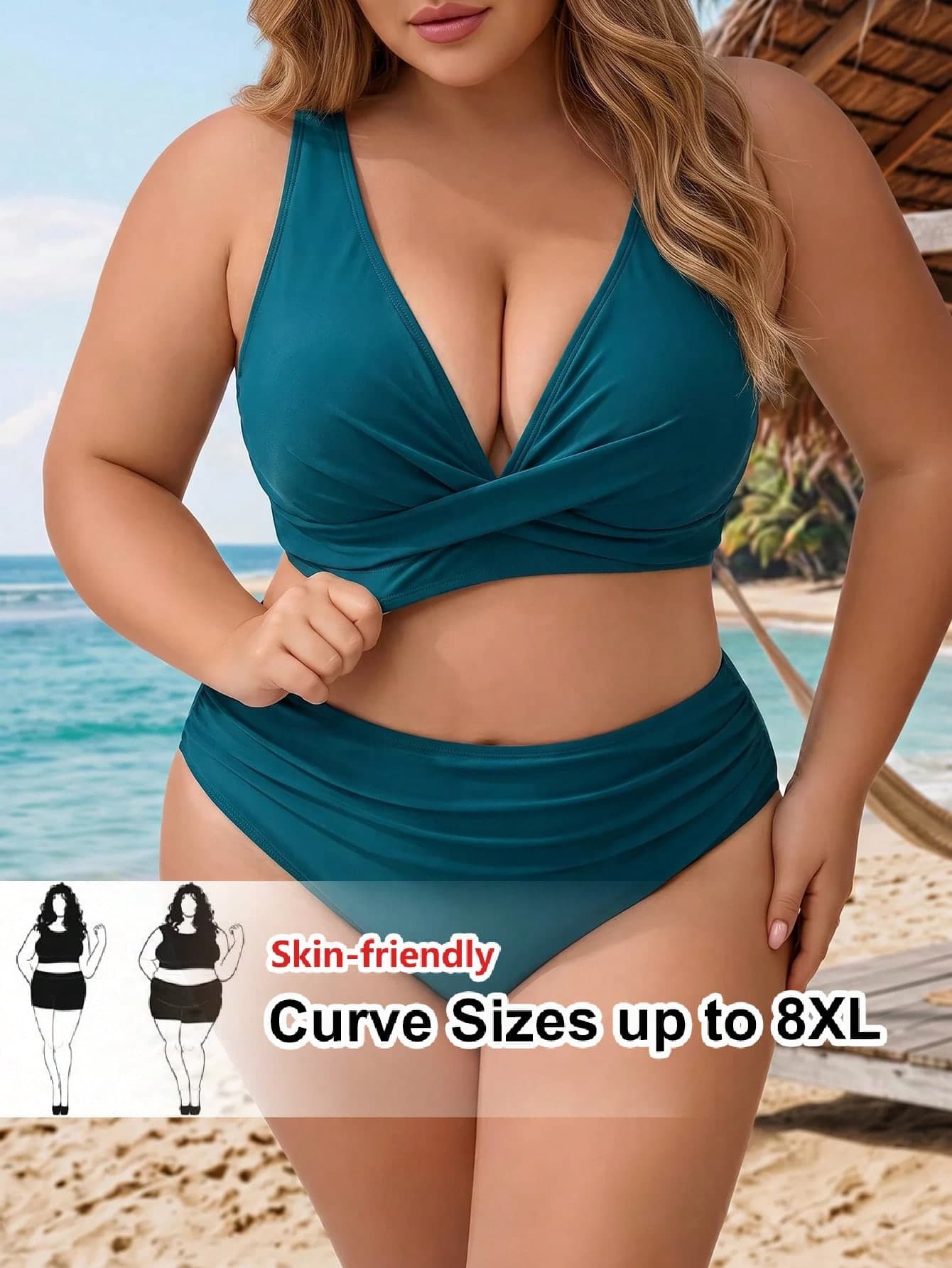SHEIN CURVE+ Plus Size Women Summer Beach Solid Color Ruched Sexy Bikini Top And Triangle Bottom Two-Piece Swimsuit Set