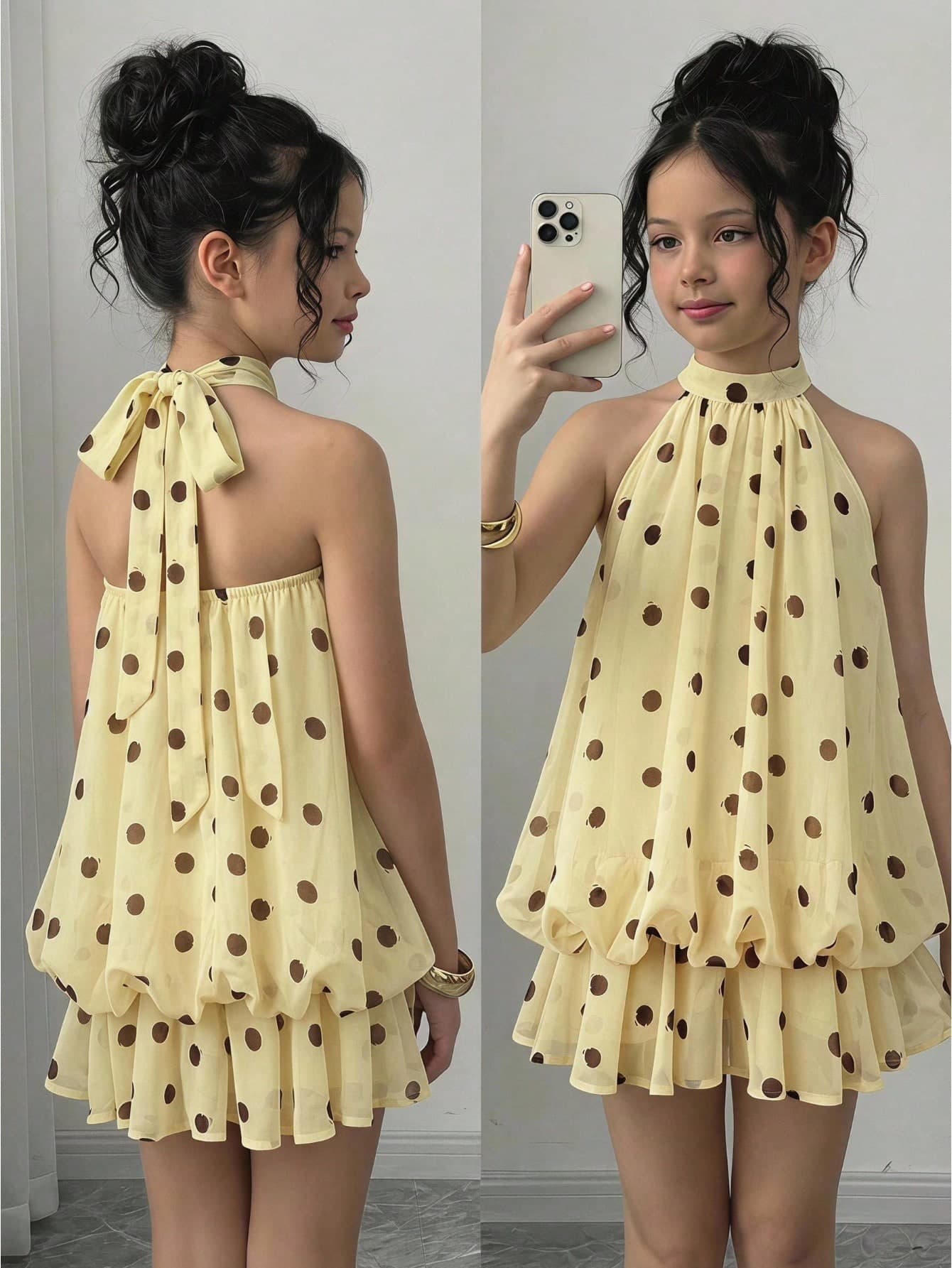 Firerie Kids Firerie Kids Tween Girls' Brown And Yellow Polka Dot Summer Halter Dress,Cute Vacation Vintage Princess Dress For Formal Occasions,Matching Sister Family Outfits