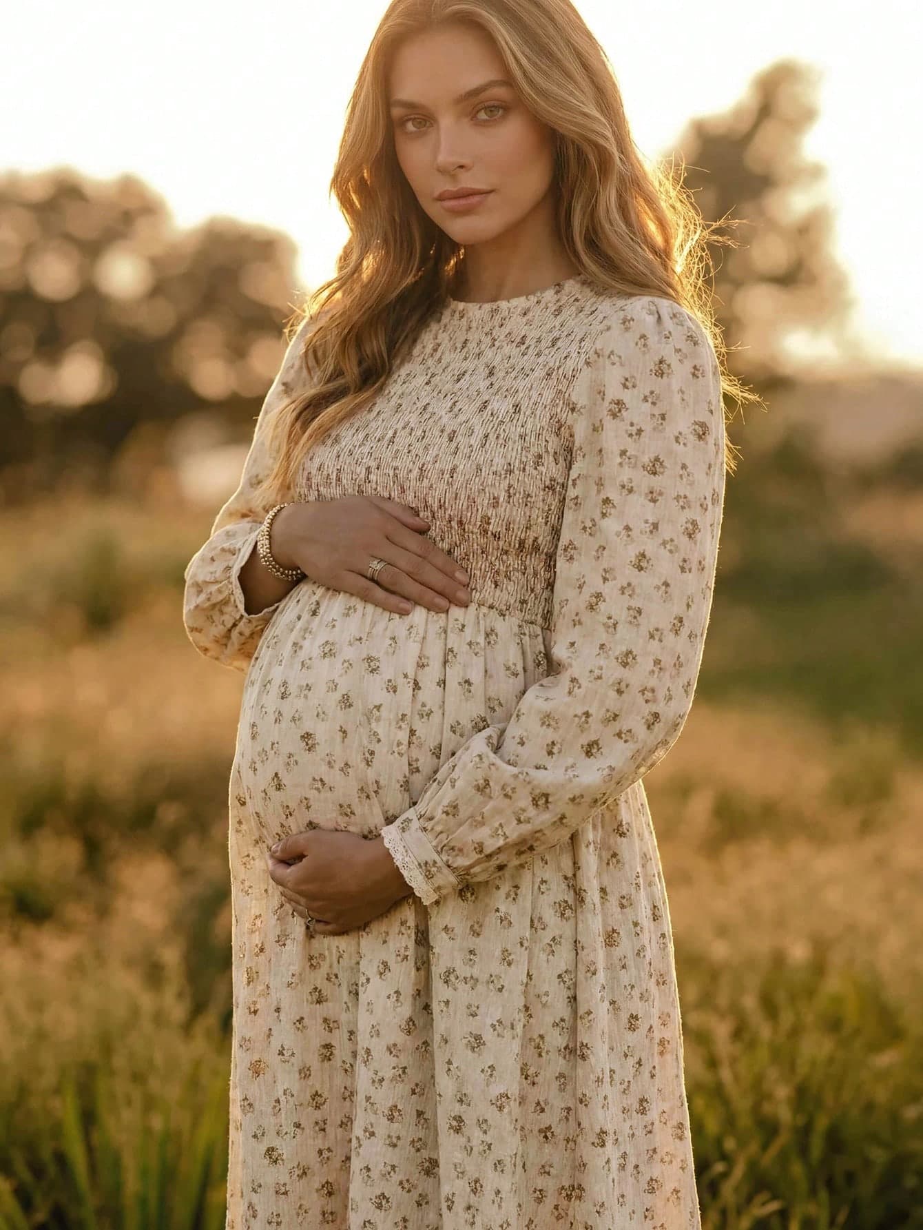 Boho Mama Khaki Smocked Floral Maternity Dress (Resort Style) – Autumn/Winter   Ruffle Dress  Country Style For Women Fall