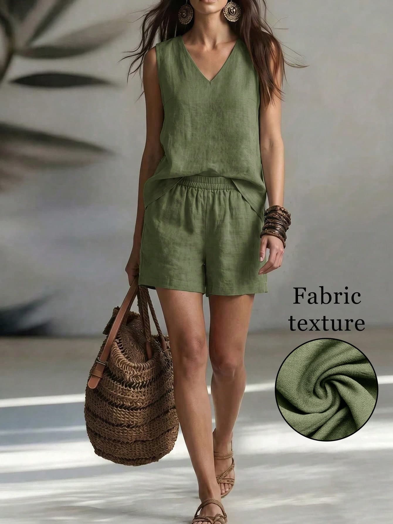 LUMIGAL Women's Solid Color Camisole And Casual Shorts 2 Pieces Set, Versatile For Daily Wear And Office
