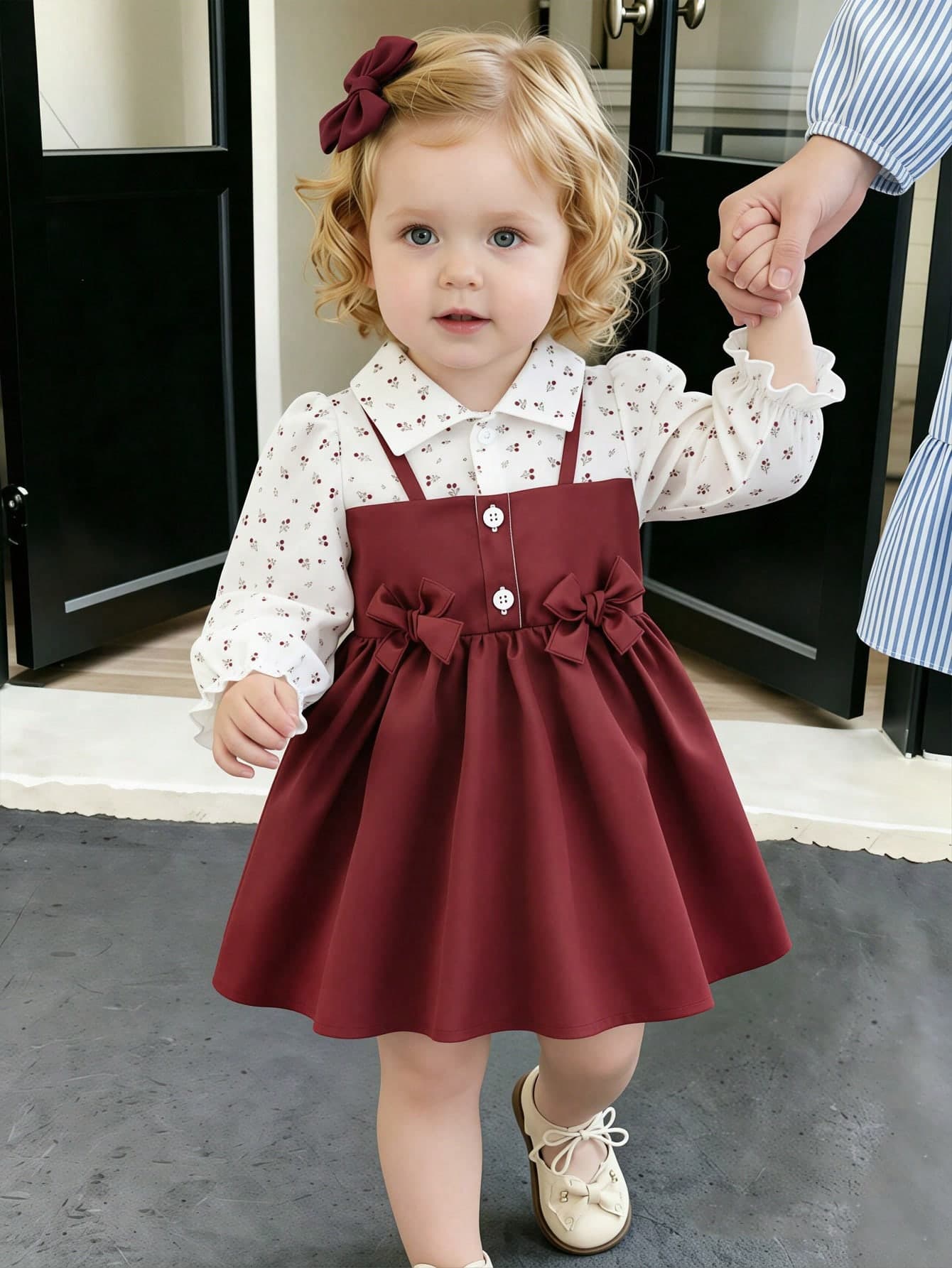 SHEIN Playful Pals Burgundy Ditsy Floral 2 In 1 Baby Girl Dress, Autumn New Sweet Princess Dress With Turn-Down Collar, Puff Sleeves, Bow Design, Stylish Baby Girl Dress