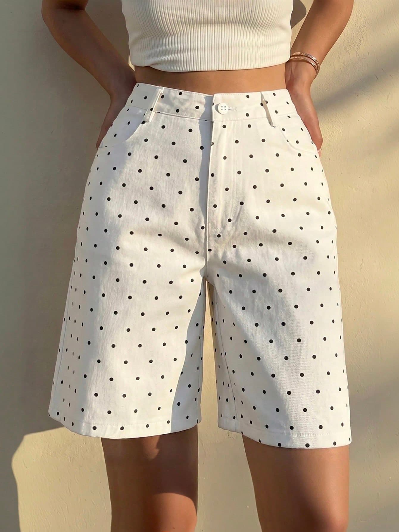 Juhart Plus Size Women's Polka Dot Print High Waist Straight Leg Slimming Concealing Comfortable Loose Fashion Versatile Commute Vintage Shorts