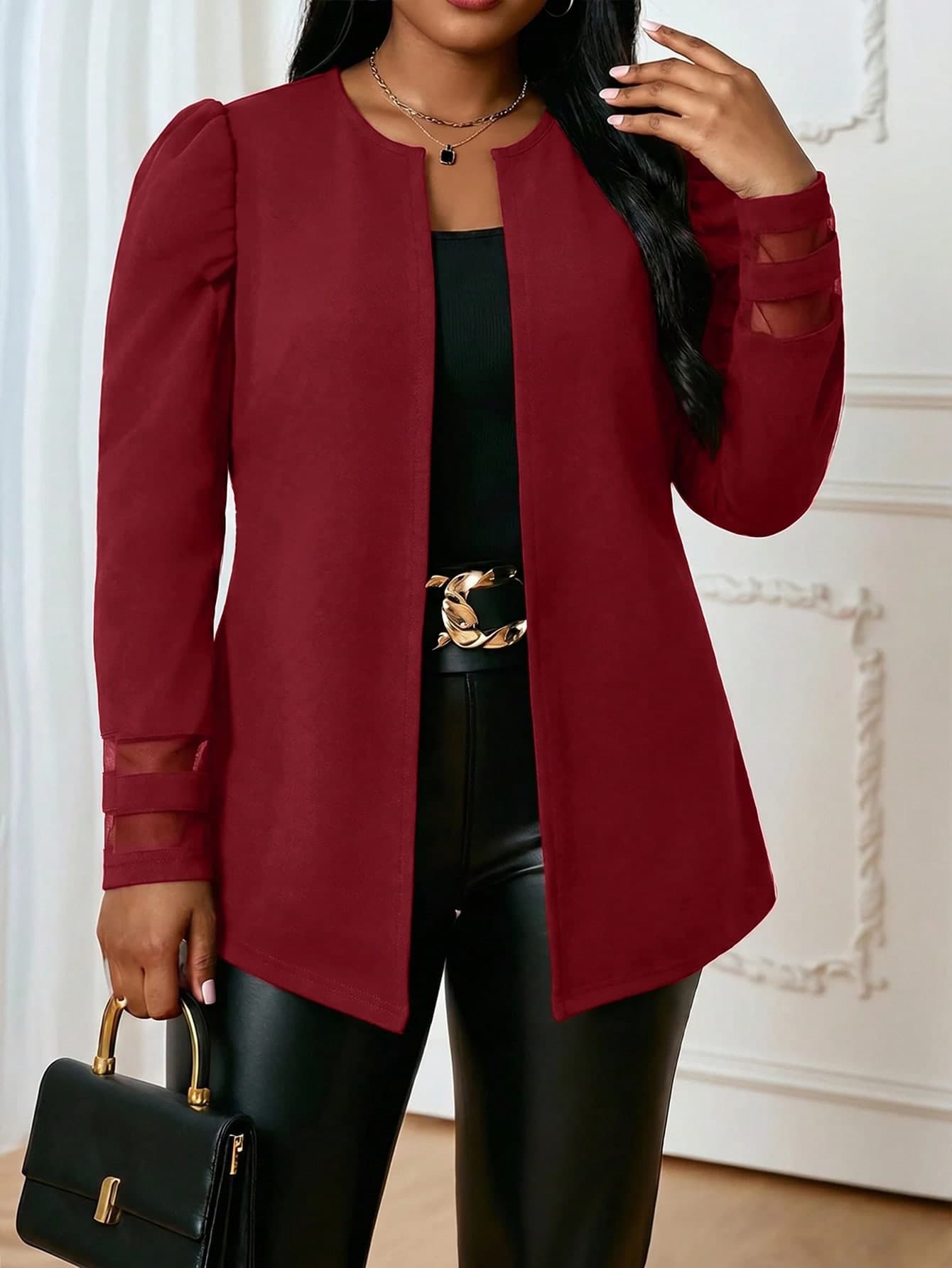 SHEIN Lady Plus Size Fashion Mesh Cuff Patchwork Business Formal Formal Office Jacket Teachers' Day Elegant
