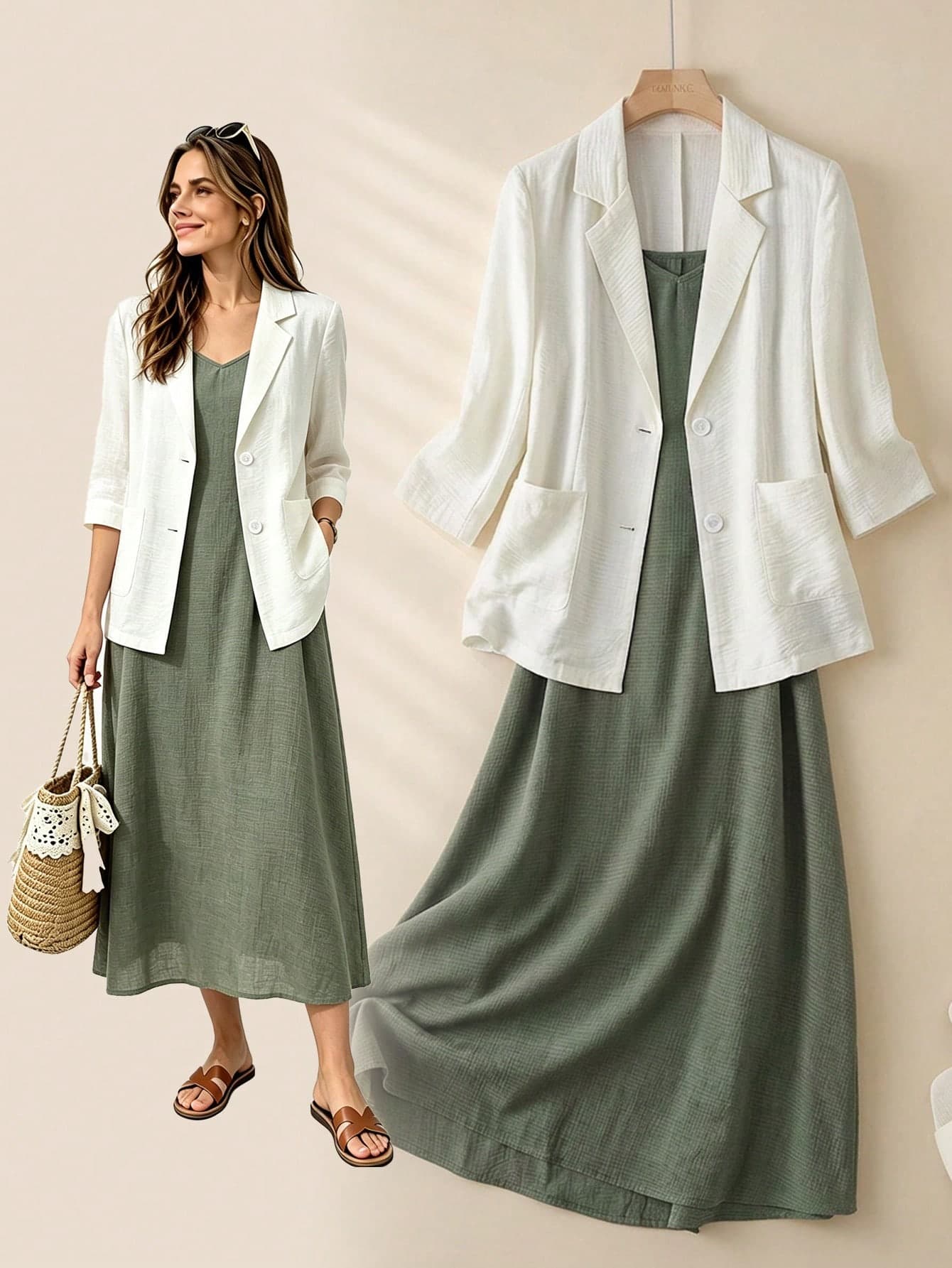 Rusticease Women's Solid Color Mottled Collar Long Sleeve Jacket And Camisole Dress Casual Elegant Two Pieces Set Off-White Autumn Office