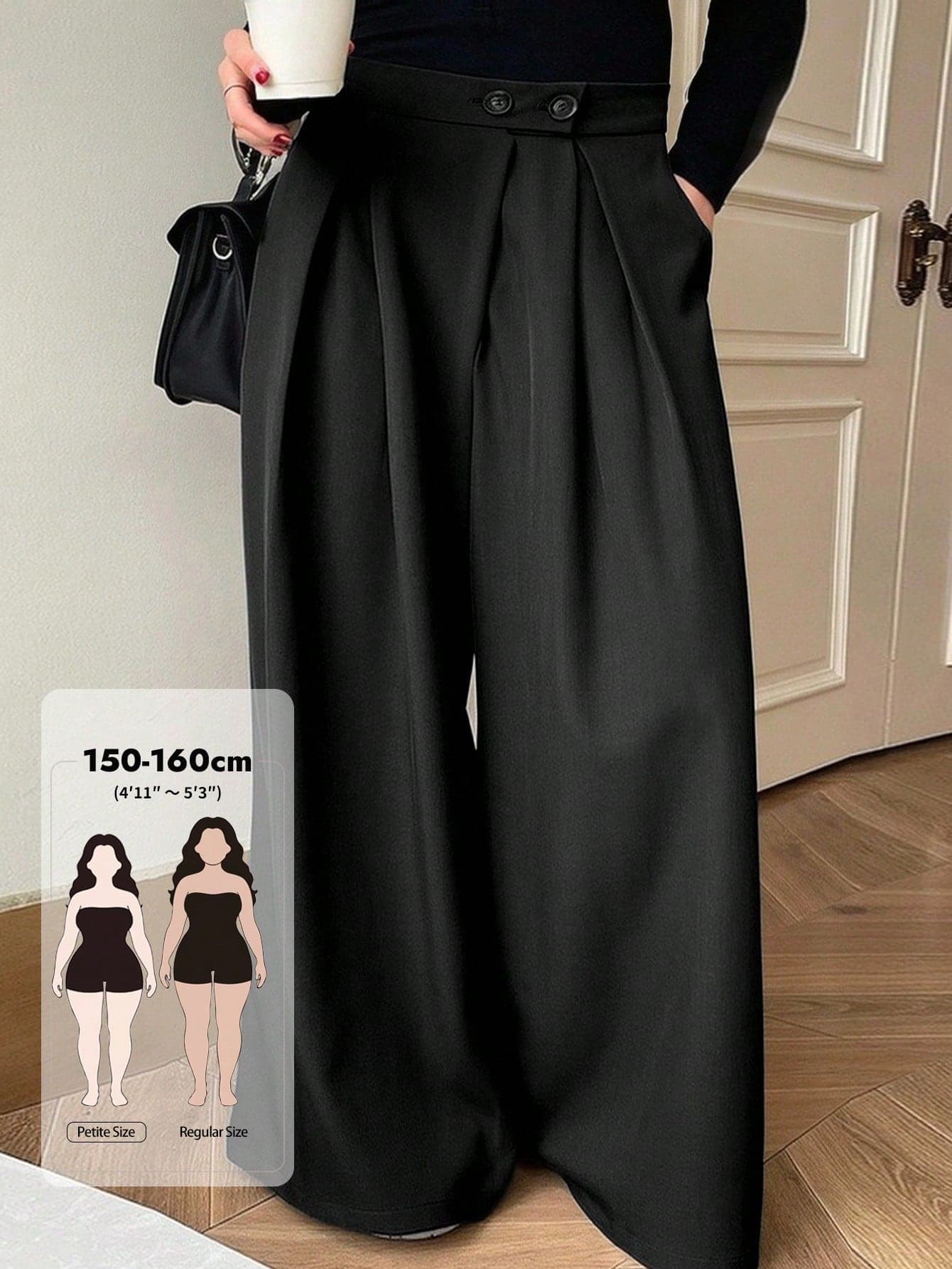 Dazy Petite Curve Solid Color Super Loose Wide Leg Two-Button Pleated Long Casual Pants, All Season, Plus Size, Women, Petite, Long Length