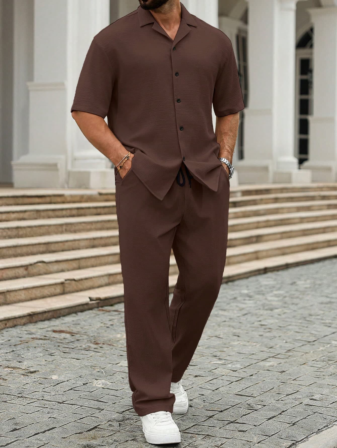 Manfinity Homme Men's Coffee Brown Summer Casual Vacation 2 Piece Outfit,Crinkle Fabric Short Sleeve Shirt Collar&Drawstring Pants Set,Gentleman Wedding Guest Attire, Formal