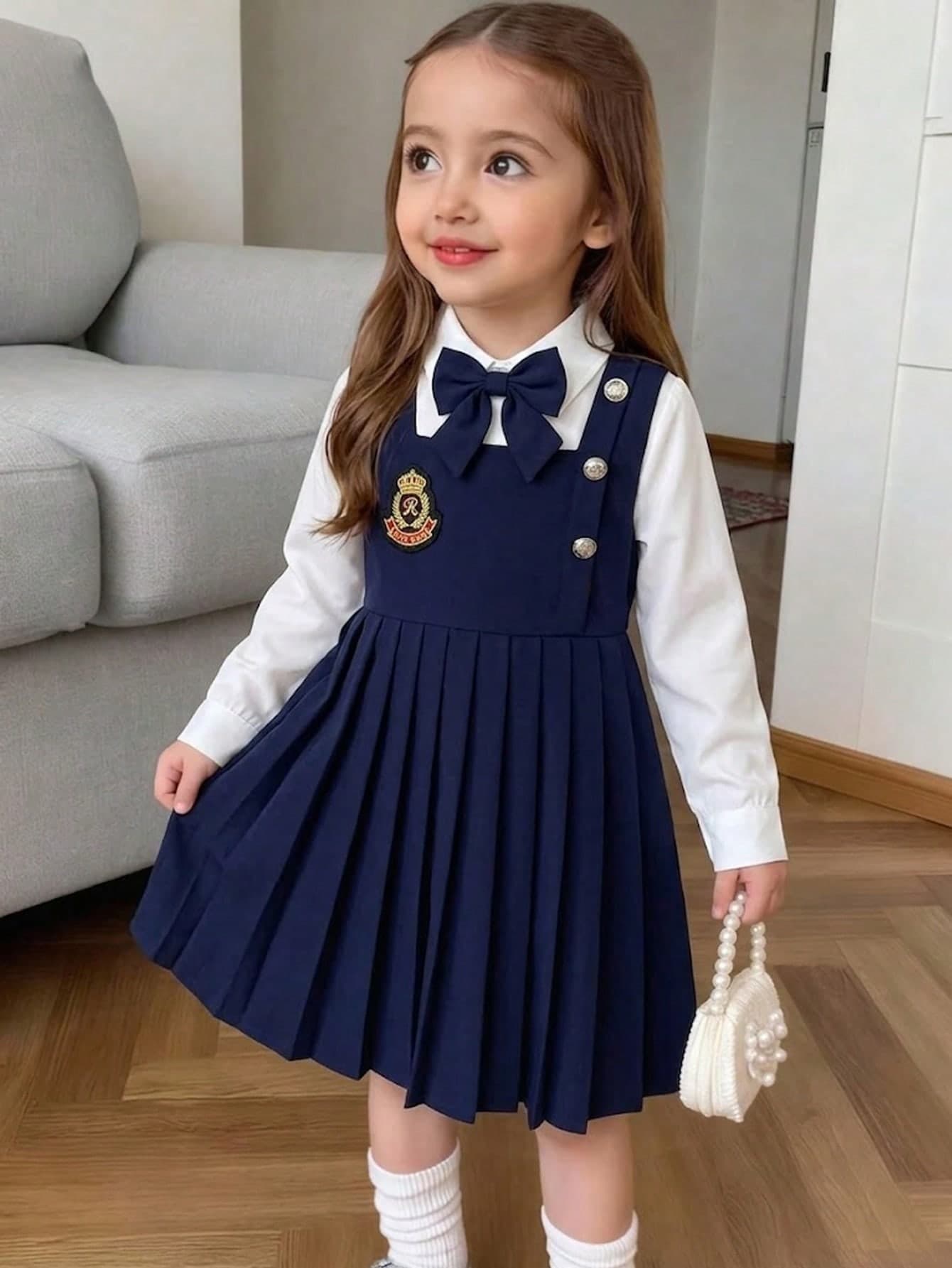 Elladie kids Girls Preppy Fake Two-Piece Dress, White Long Sleeve Top & Navy Blue Pleated Pinafore Dress