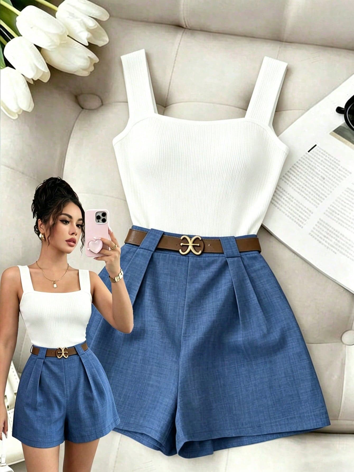 Elenzga White And Blue French Elegant 2 Pieces Set For Women,Square Neck Camisole Fitted Top&Elastic Waist Shorts,Summer Casual Brunch Holiday Outfit