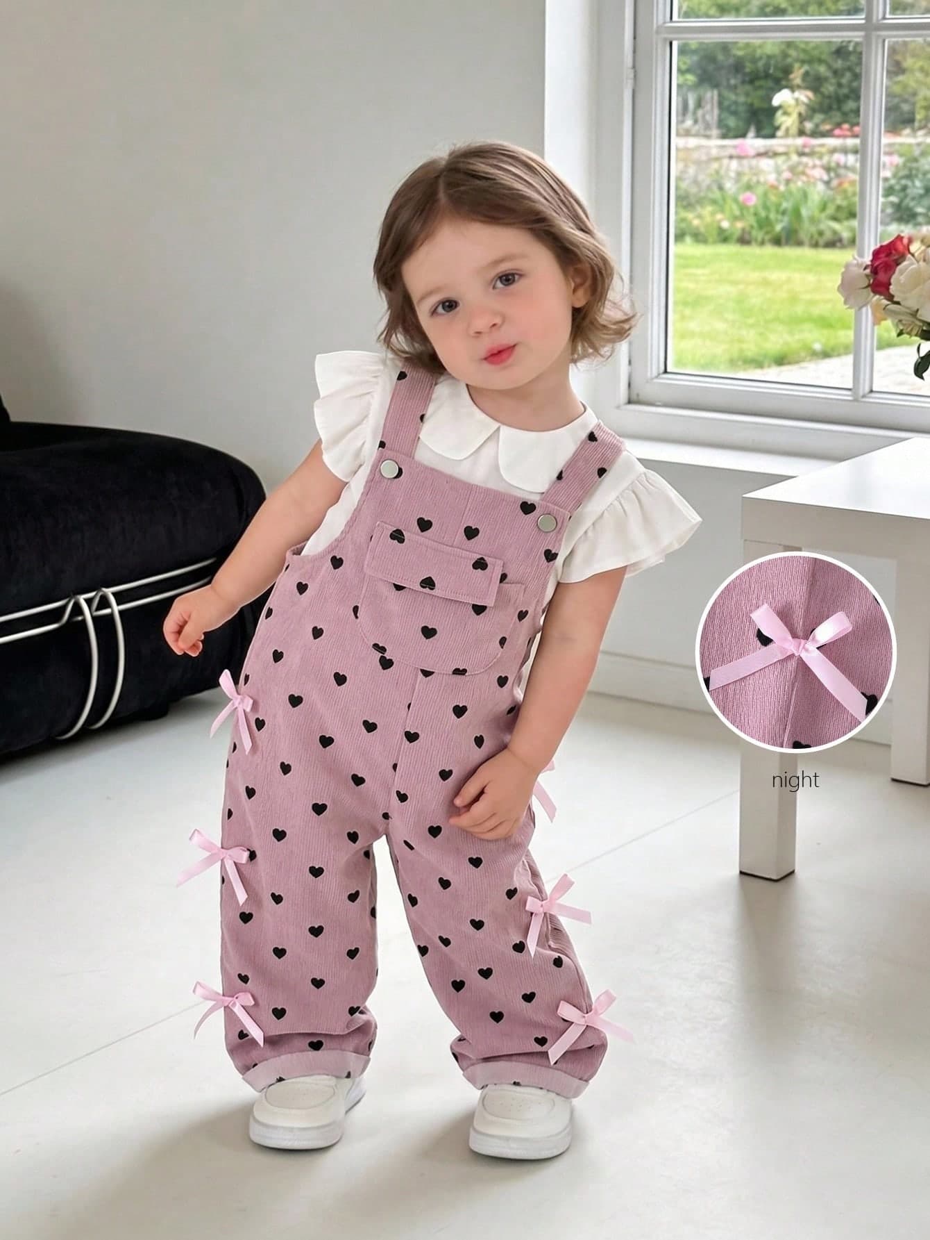 SHEIN Playful Pals Baby Girl Corduroy Overalls, All-Season, Cute Style, Pink With Pink Bow Accents On Sides And Black Heart Print, Loose Straight Leg Jumpsuit, Soft And Comfortable, Suitable For School, Commute, Daily Outings