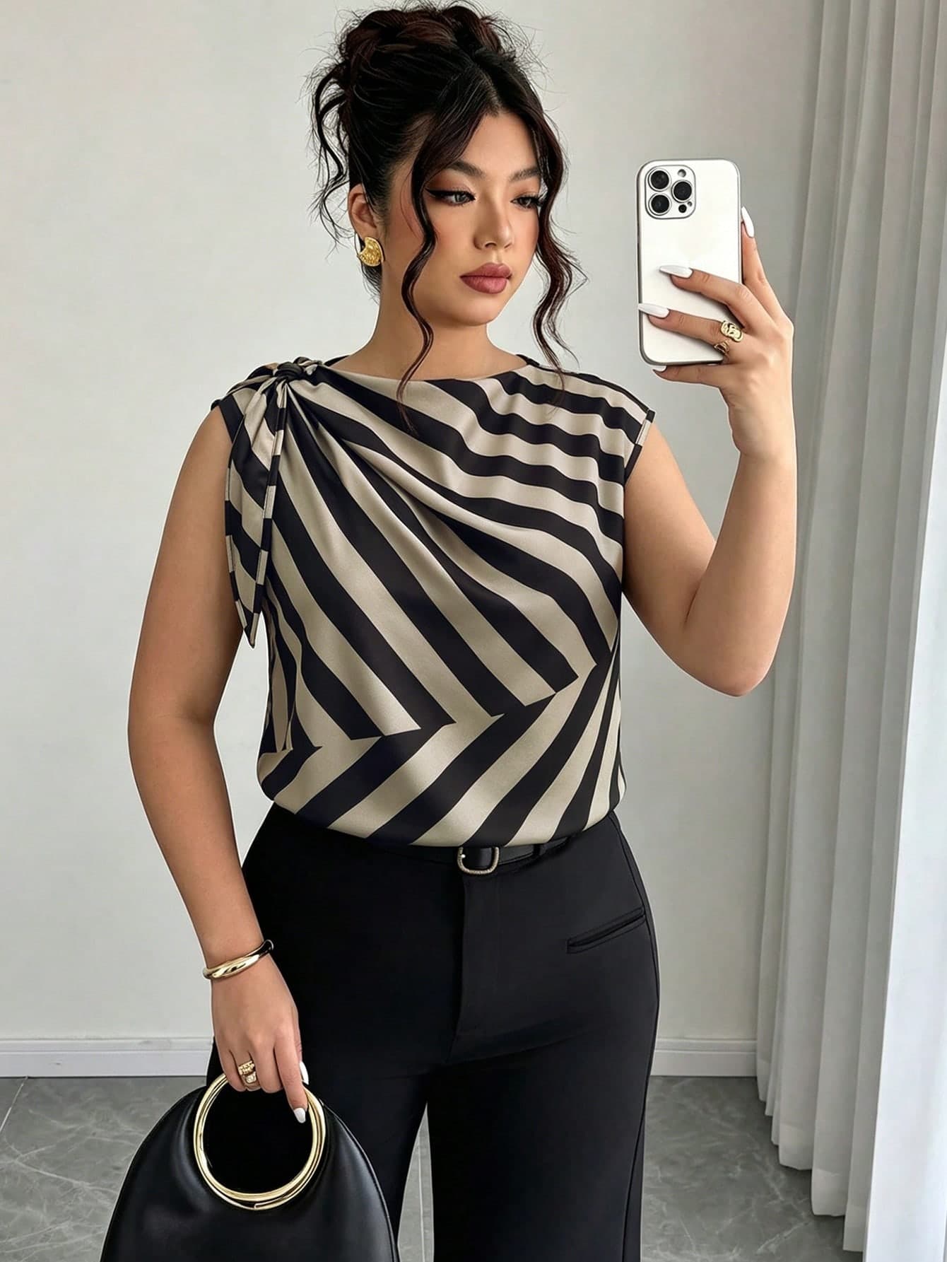 Elenzga Plus Size Women's Spring/Summer Printed Solid Color Floral Blouse With Shoulder Tie: Casual Vacation, Fashion Street Style, Office Wear Suitable - Spring/Summer Plus Size Shirt