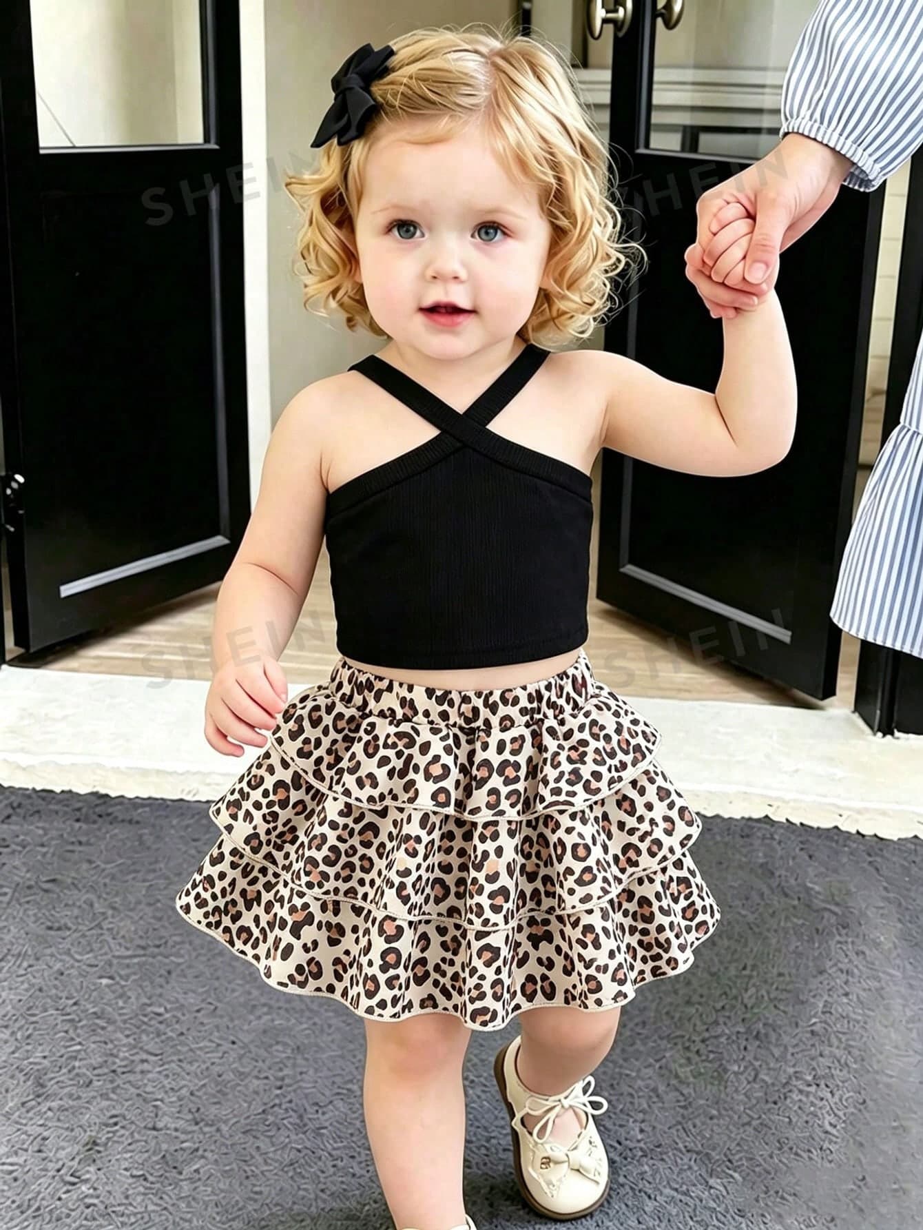 Souflis Souflis 2026 Summer New Girls Leopard Print Polka Dot Cake Dress Set, Cross Strap Design Sweet Cool Style 2-Piece Set, Children Korean Version Elegant Vacation Style Princess Dress