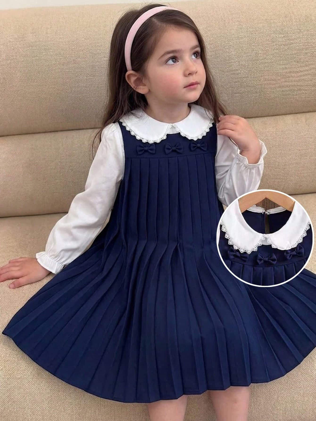 Elladie kids Girls Vintage Lace Collar Blouse & Pleated Pinafore Dress Set, Preppy School Style