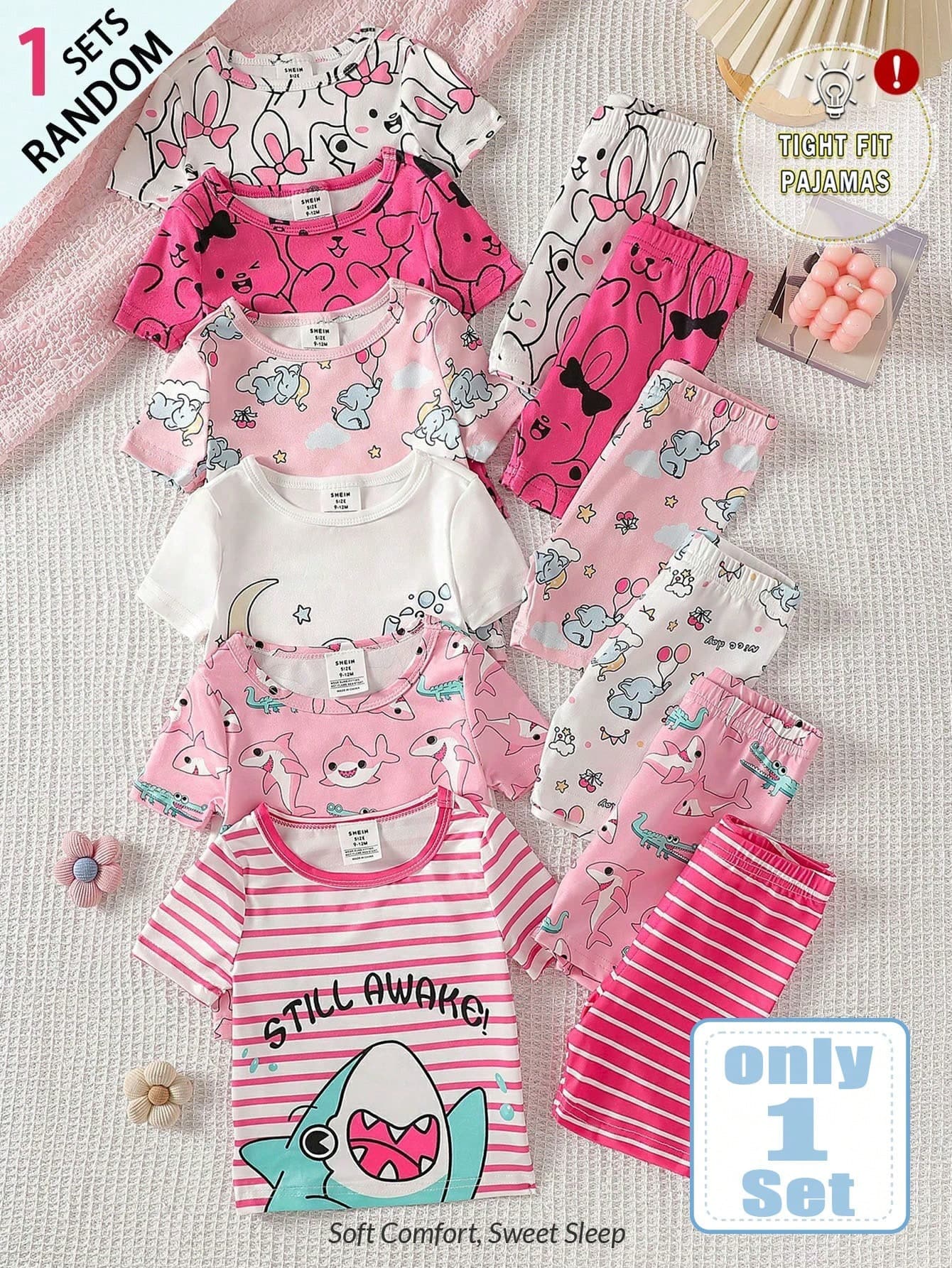 [1 Set Random] Baby Girl Snug Fit Pajamas Soft Knit Short Sleeve & Long Pants Summer Pink & Fuchsia Cute Dog Cartoon Print Sleepwear