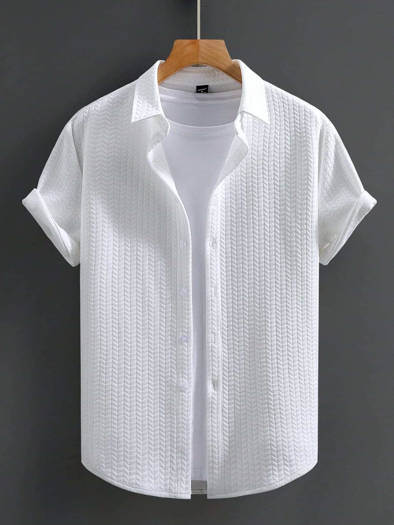 Manfinity Homme Men's White Summer Casual Shirt,Geometric Knitted Texture Jacquard Short Sleeve Button Down,Fashion French Style Vacation Holiday Hawaiian Shirts