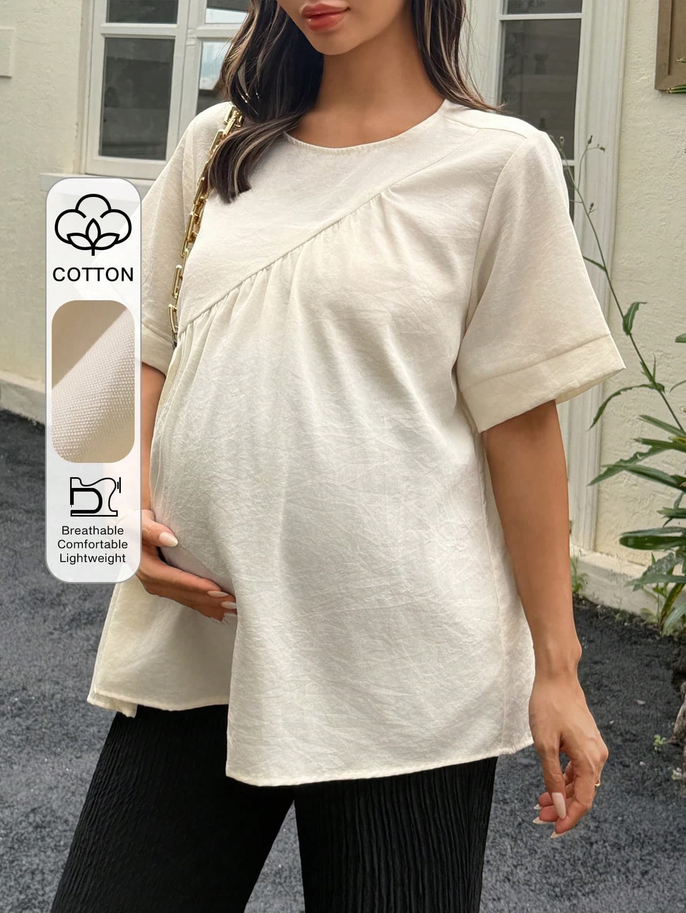 Dazy Maternity Small Round Neck Pullover Short Sleeve White Spring Summer Versatile Daily Wear Maternity Top