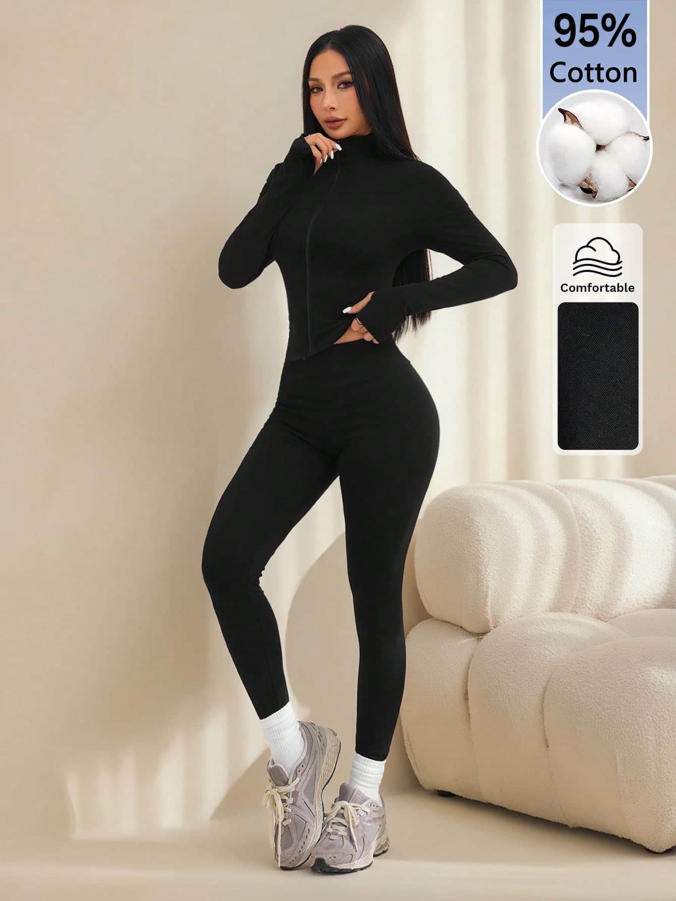 SHEIN PETITE Women's 95% Cotton Black Knit Zip-Up Cardigan + Camisole + Pants 3pcs Sportswear Set - Ideal For Spring/Summer Sports, Gym, School, Yoga, Home, Casual Wear, Tennis, Badminton, Basketball, Hiking, Cycling & Camping