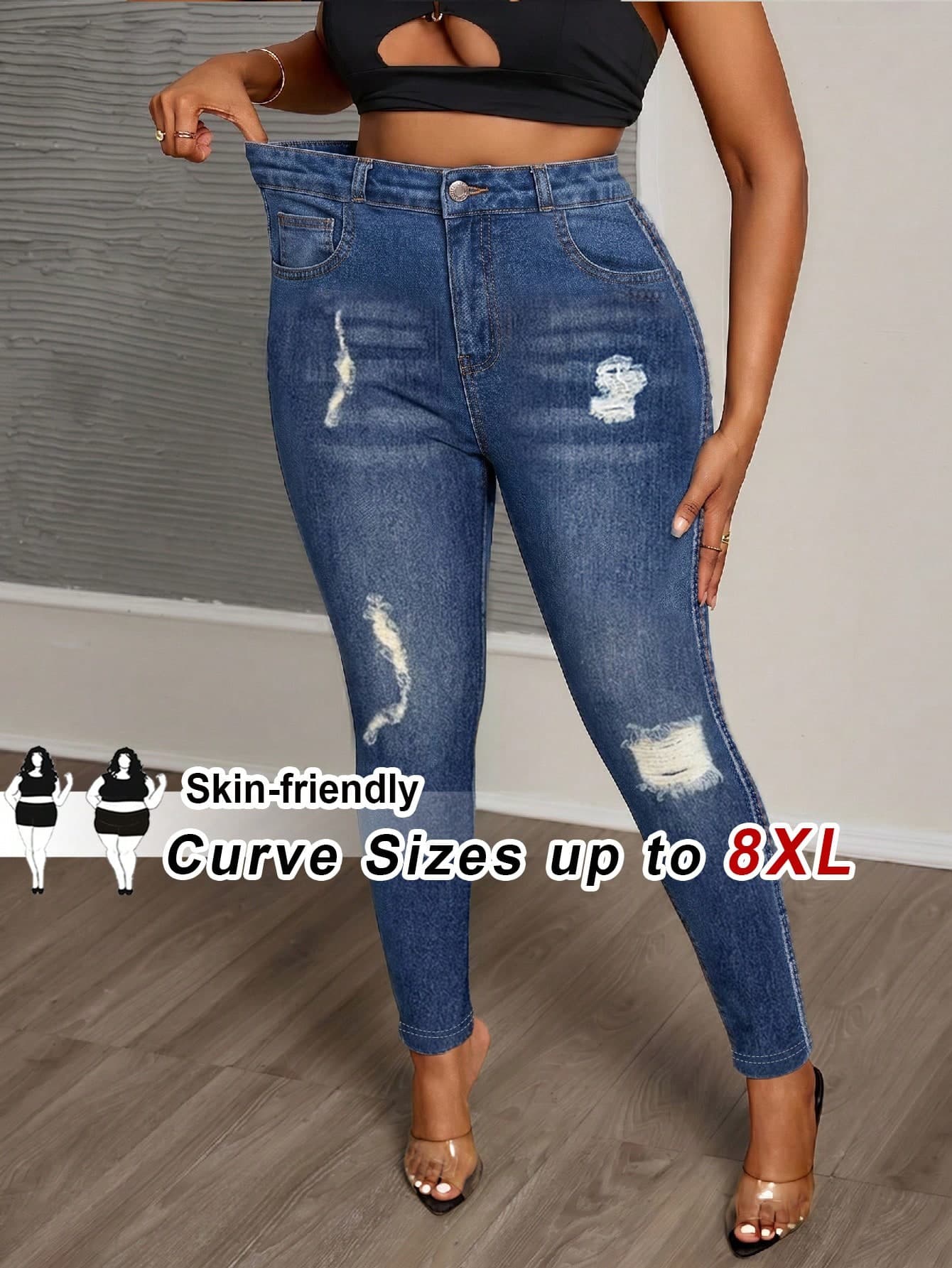 SHEIN CURVE+ Plus Size Women's Casual Pocket Button Distressed Design Slim Fit Pants, Suitable For Daily Wear Formal Teacher Navy Blue Summer