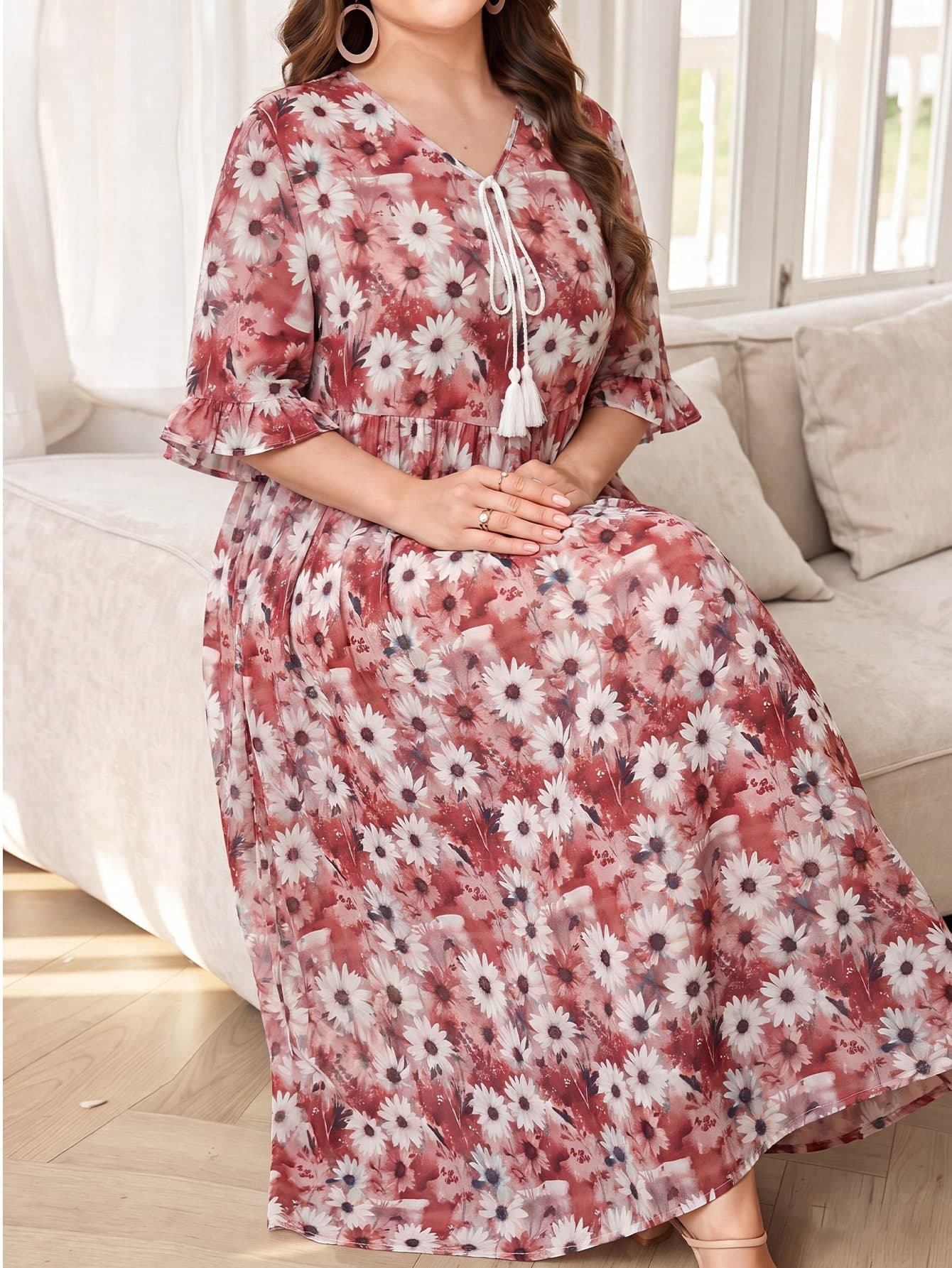 Lacomfia Plus Size Women's Printed Rayon A-Line Long Casual Vacation Commute Dress With 5-Point Sleeves
