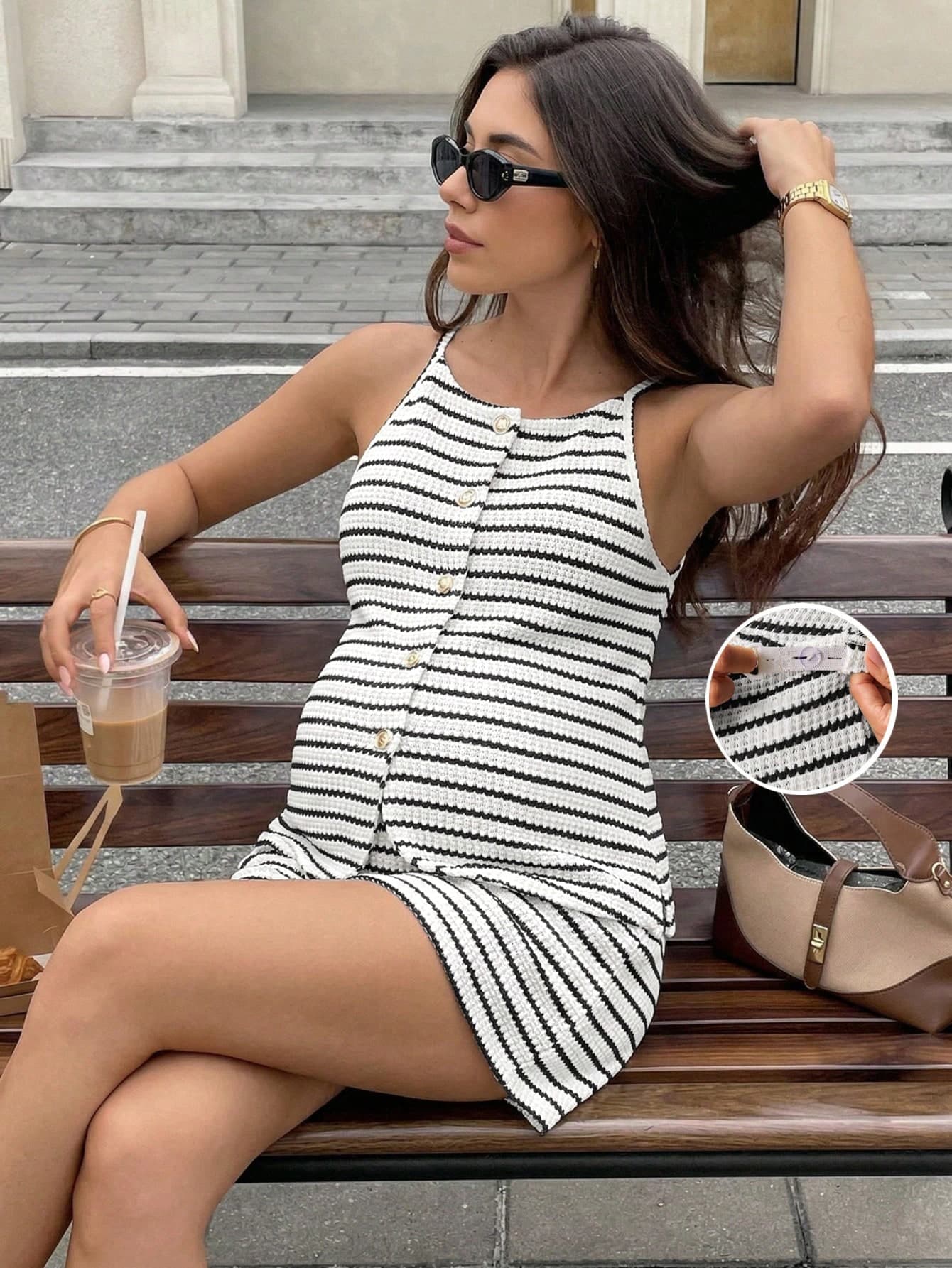 MaterniWear Maternity Summer Casual Vacation Daily Commute Contrast Color Stripe Print Single-Breasted Camisole And Adjustable Waist Shorts Set