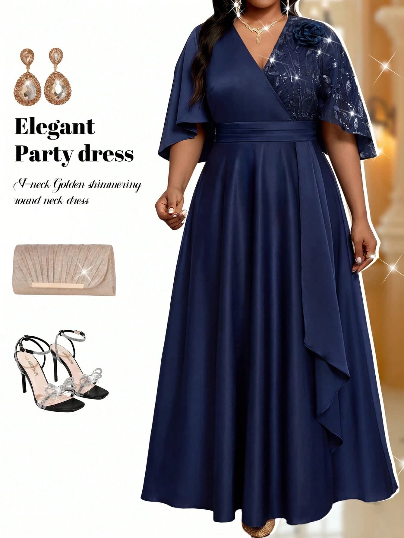 SHEIN Lady Plus Size Women V-Neck Short Sleeve Elegant Formal Elegant Maxi Dress Evening Wedding Navy Blue Winter