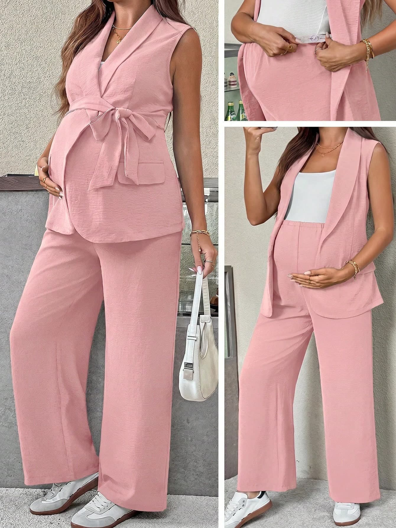 SHEIN Solid Belted Vest Blazer & Wide Leg Pants Maternity 2 Pieces Set
