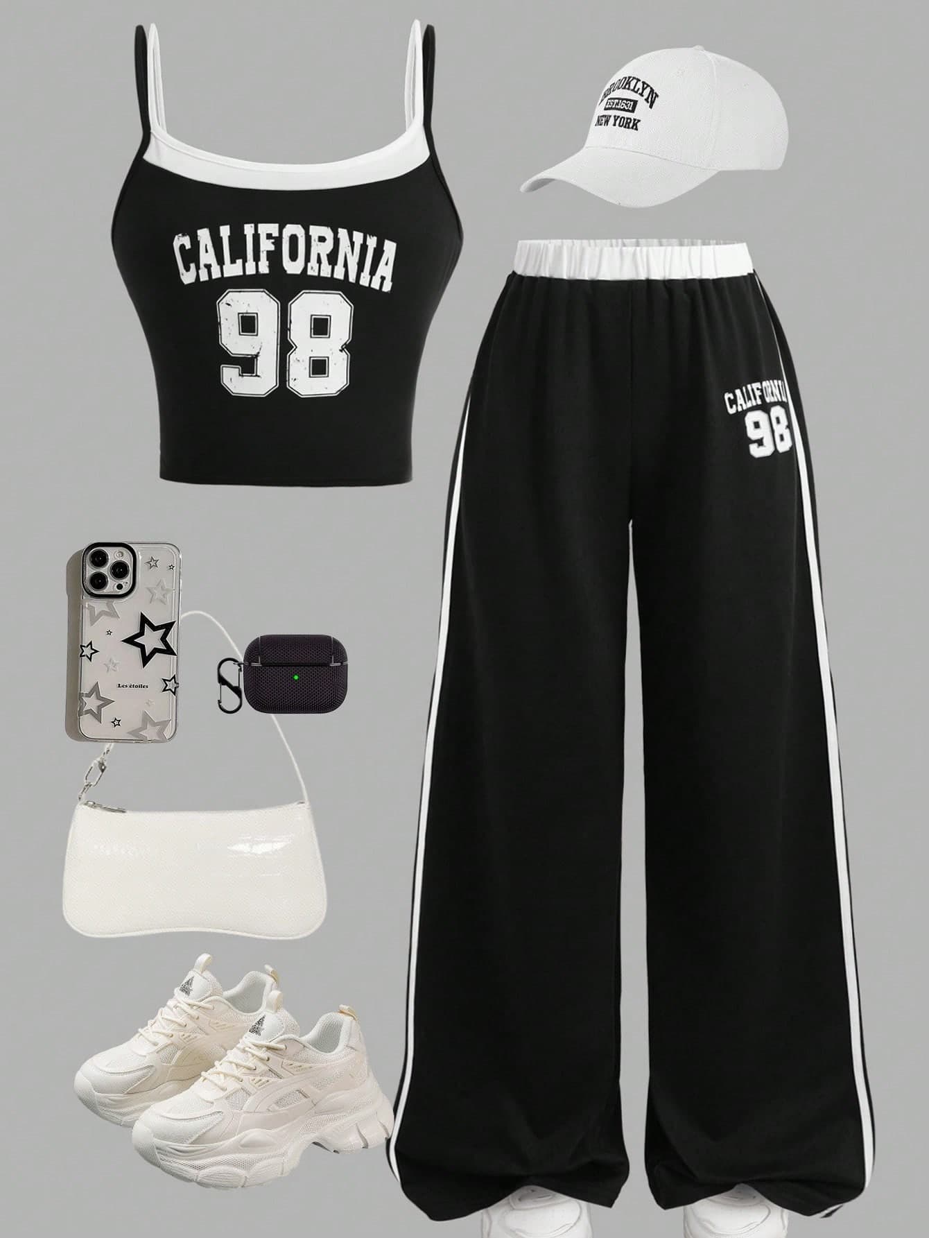 Girlism Tween Girl Tween Girls Spring/Summer Black & White Colorblock Spaghetti Strap Fitted Tank Top With Number & Letter Print, Loose Wide Leg Pants, Casual Sporty 2-Piece Set
