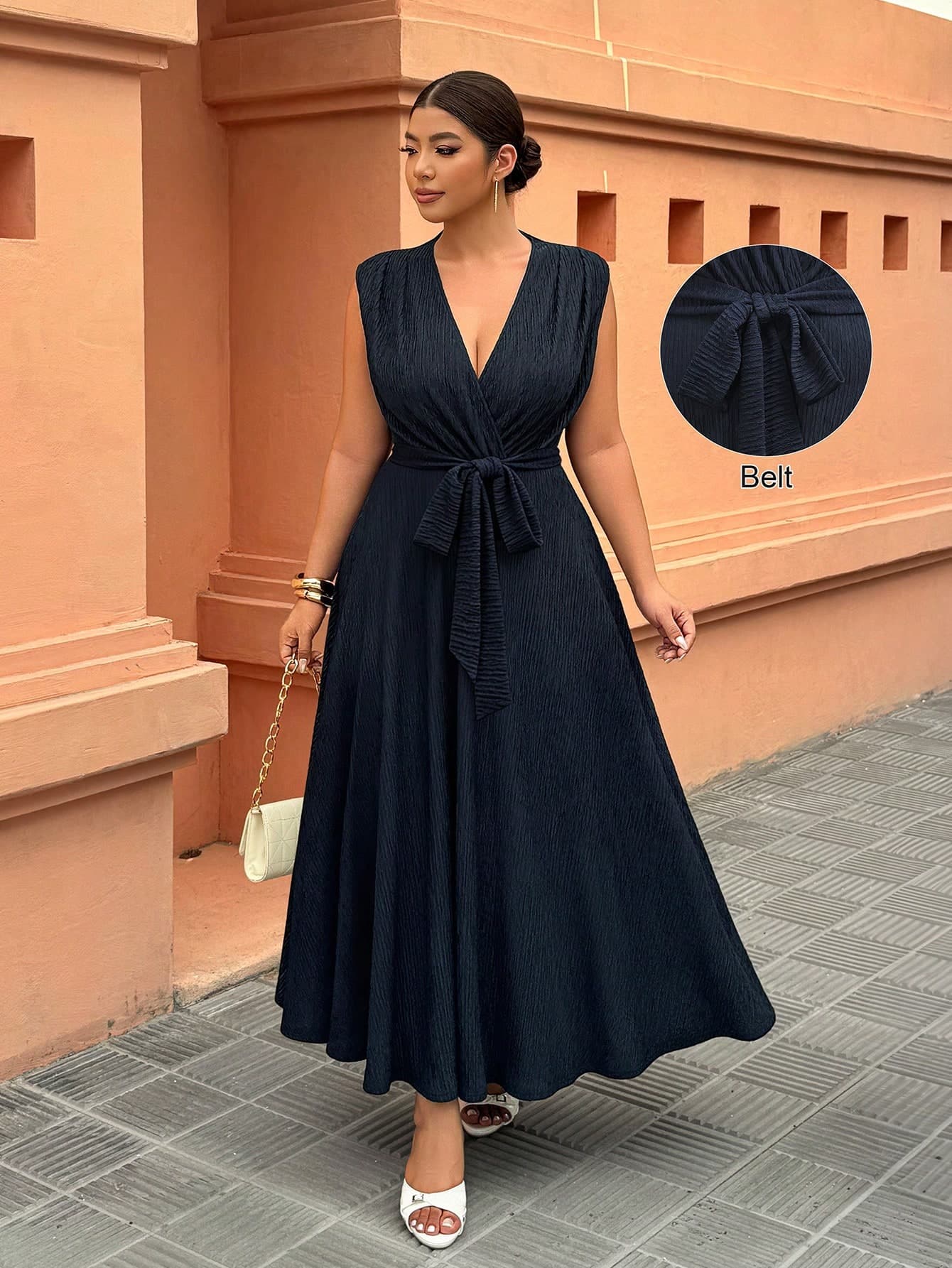 Weeklong Women's Plus Size Spring/Autumn Casual Elegant V-Neck Waist-Cinching Belted Ruched Sleeveless Knit Textured A-Line Maxi Dress, Suitable For Daily Wear And Gatherings
