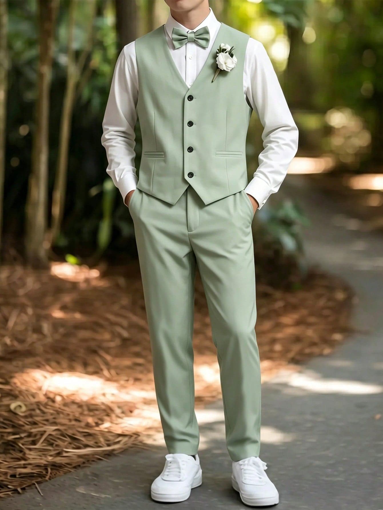 SHEIN 2pcs/Set Teen Boy Gentleman Outfit,Summer Slim Fit Mint Green Vest & Texture Long Trousers,Elegant Formal Suit For Wedding,Birthday,Graduation Party