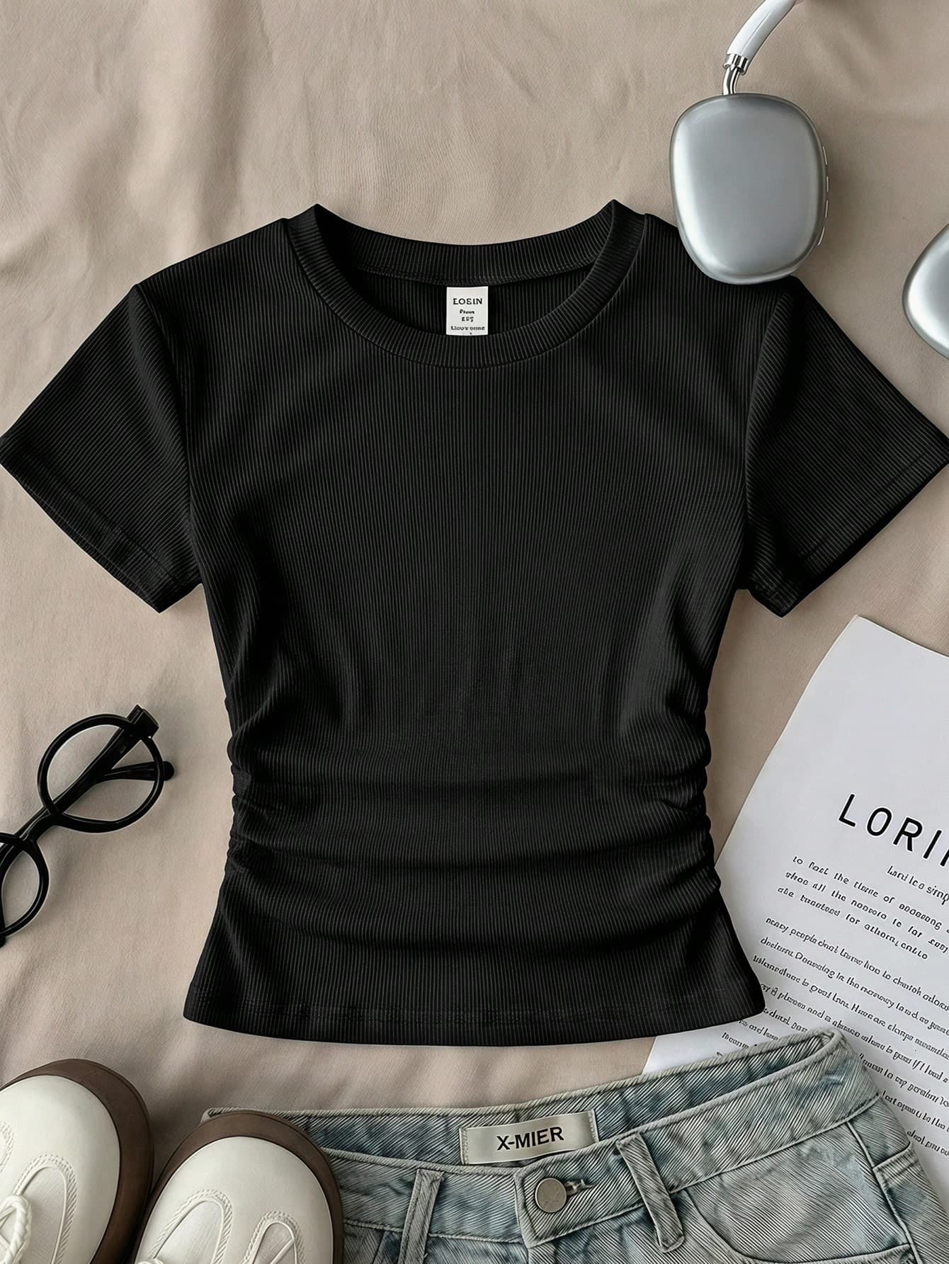 SHEIN Teen Girl/Teen Girls' All-Match Black Casual Ruched Waist Short Sleeve T-Shirt