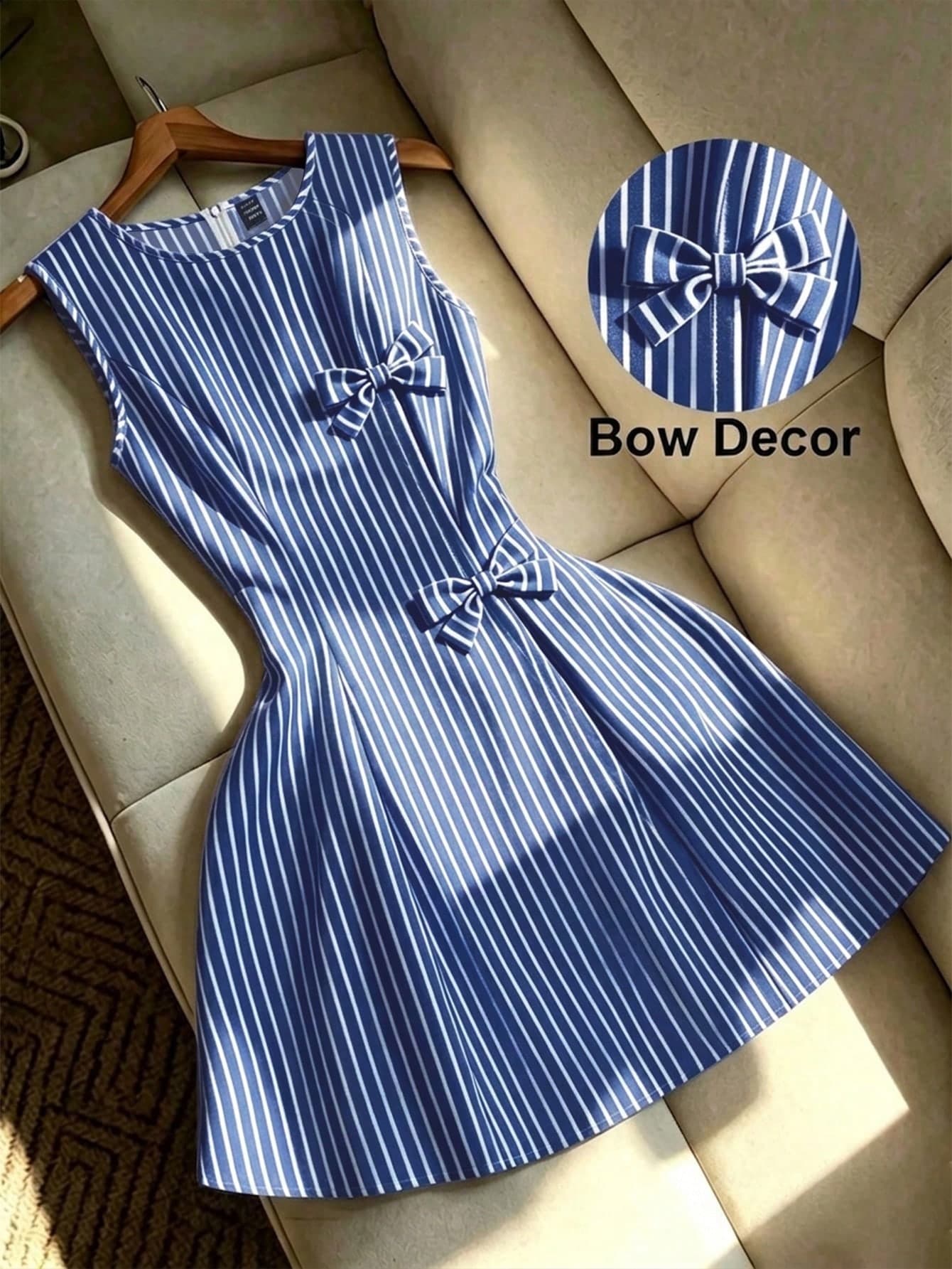 Franclia Women's Summer Blue White Stripe Bow Decor A-Line Dress,Cute Sleeveless Waist Cinched Mini Dress For School,Back-To-School,Picnic & Casual Outing