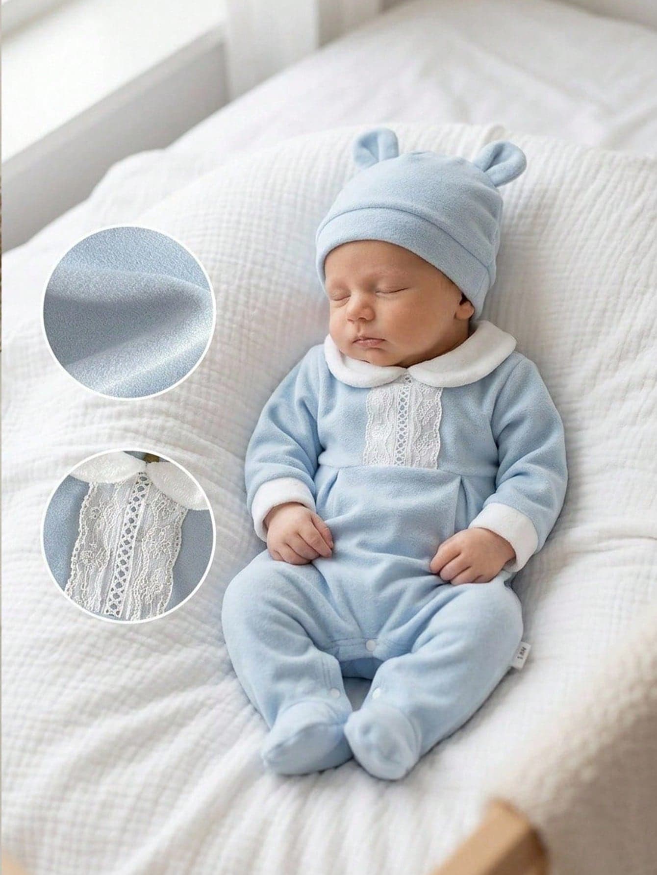 2pcs/Set Newborn Baby Romper & Hat Set, Soft Comfortable Blue Double-Sided Fleece, Exquisite Cute Lace Trim, White Peter Collar, Back Water Drop Button Design, Easy To Put On And Take Off, Long Sleeve Footed Romper, Cute Little Ear Hat, Winter Style