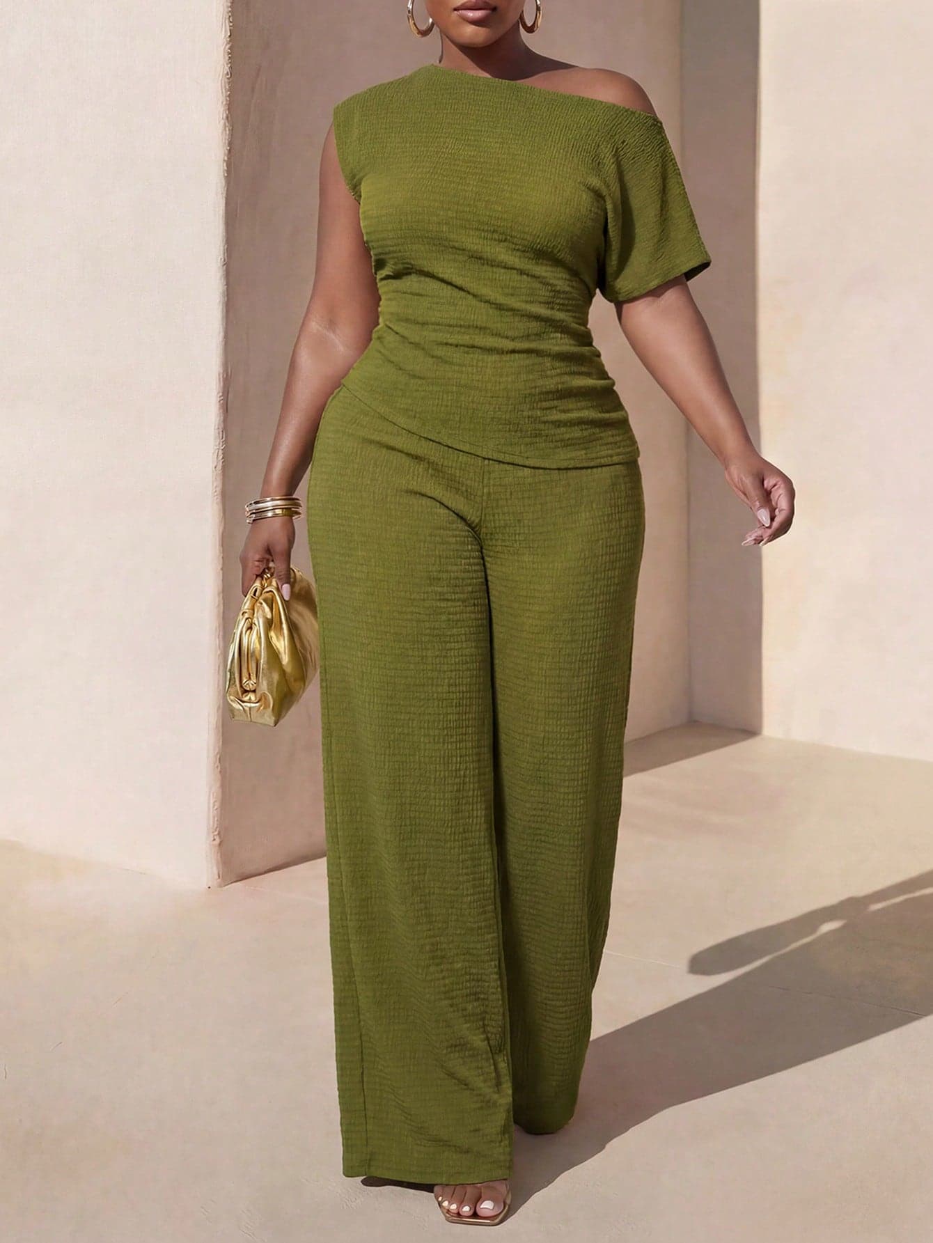 Zivah Plus Size Women's Olive Green Summer Smart Casual Everyday 2-Piece Set,Asymmetrical One-Shoulder Cinched Top & Wide Leg Pants Suit,High-End Y2k Jump