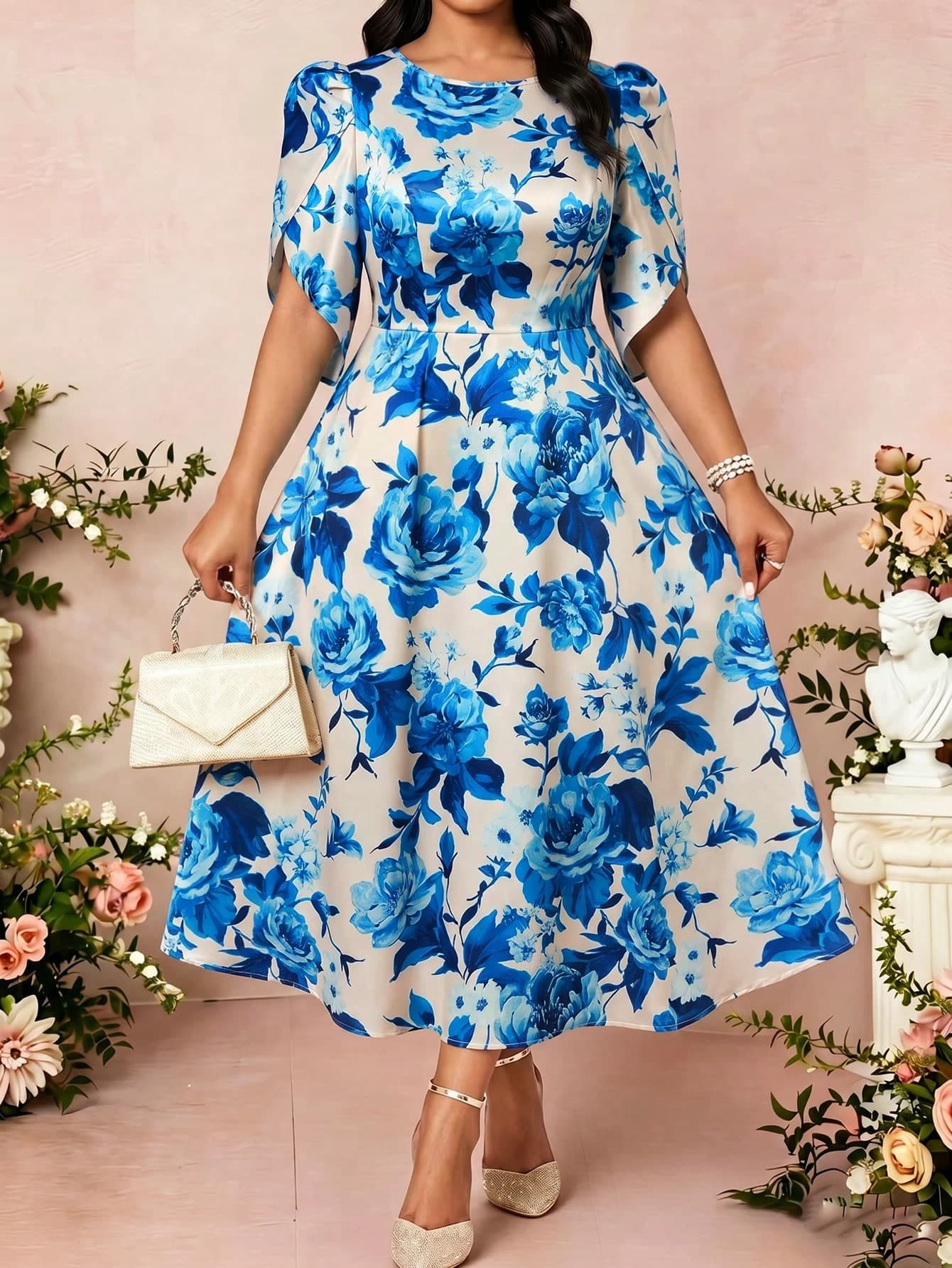 Fleurora Plus Size Women's Petal Sleeve Round Neck High Waist A-Line Dress