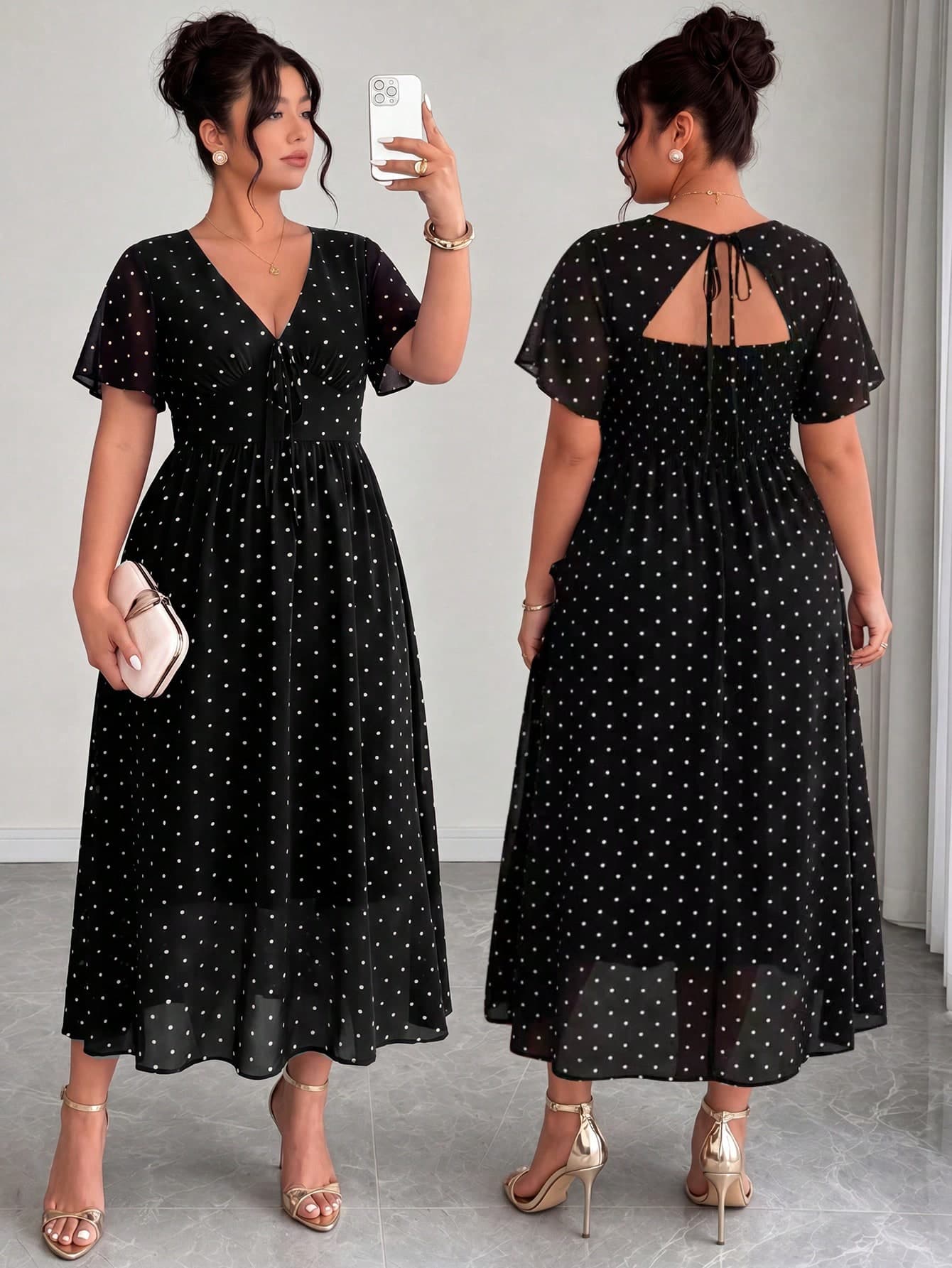Elenzga Plus Size Chiffon Patchwork Shirred Polka Dot Print Shirred Backless Dresssequin Lace Party Graduation Formal Black Formal Dress Party Graduation