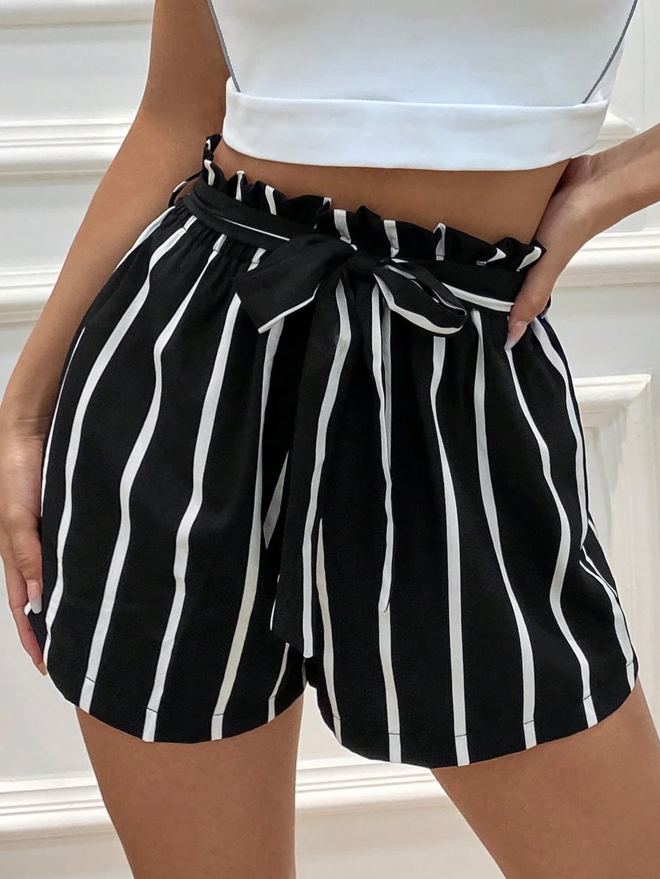 Linhara CURVE Plus Size Black White Vertical Stripe Paperbag Waist Self Tie Bow Loose Casual Lounge Shorts Women Summer