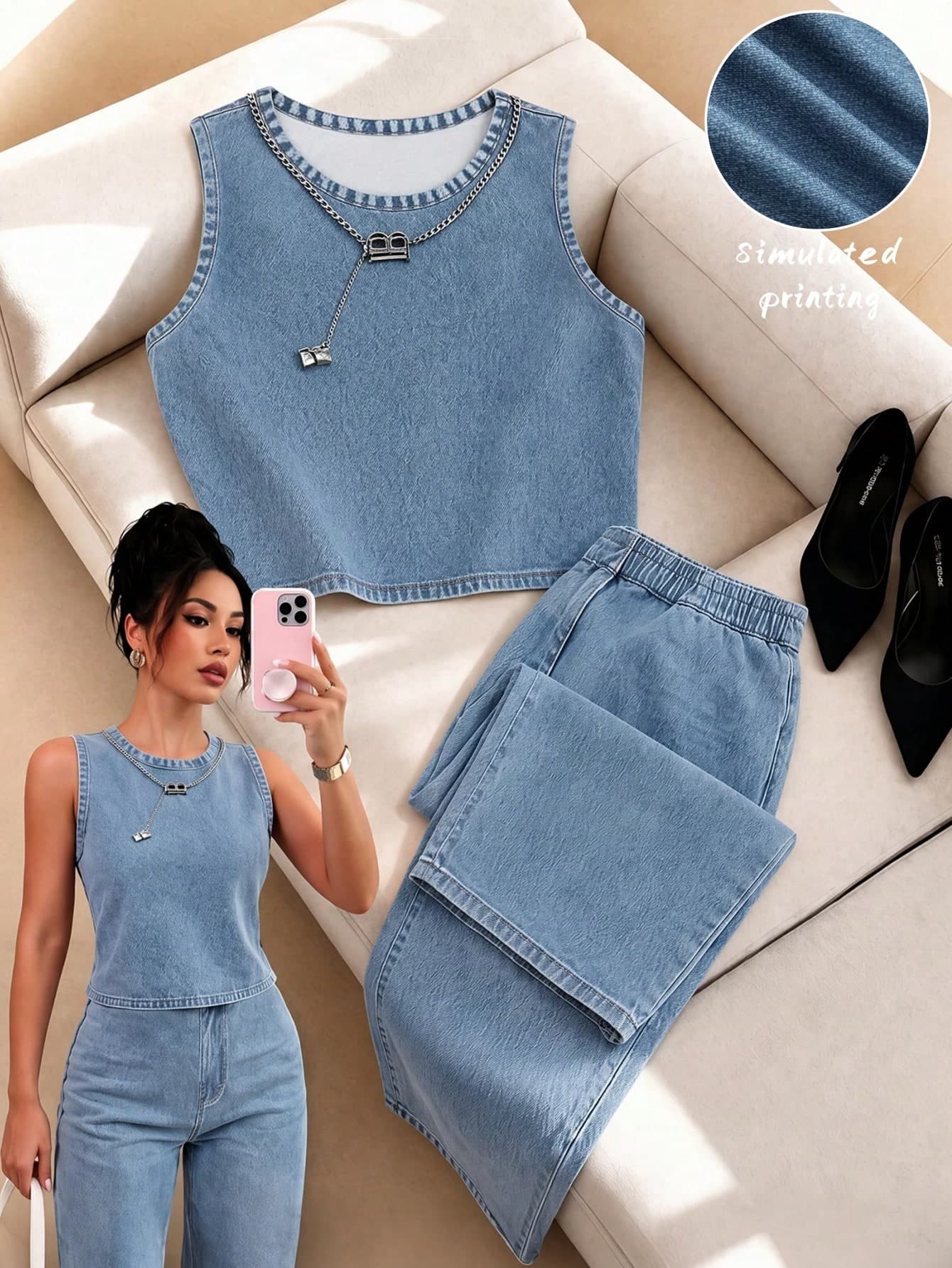 SHEIN Raffinéa Spring/Summer Fashion Casual Denim Color Tank Top & Pants 2 Pieces Set For Women,Casual Sets Work Outfits Vacation Outfits Blue Top Summer Clothes