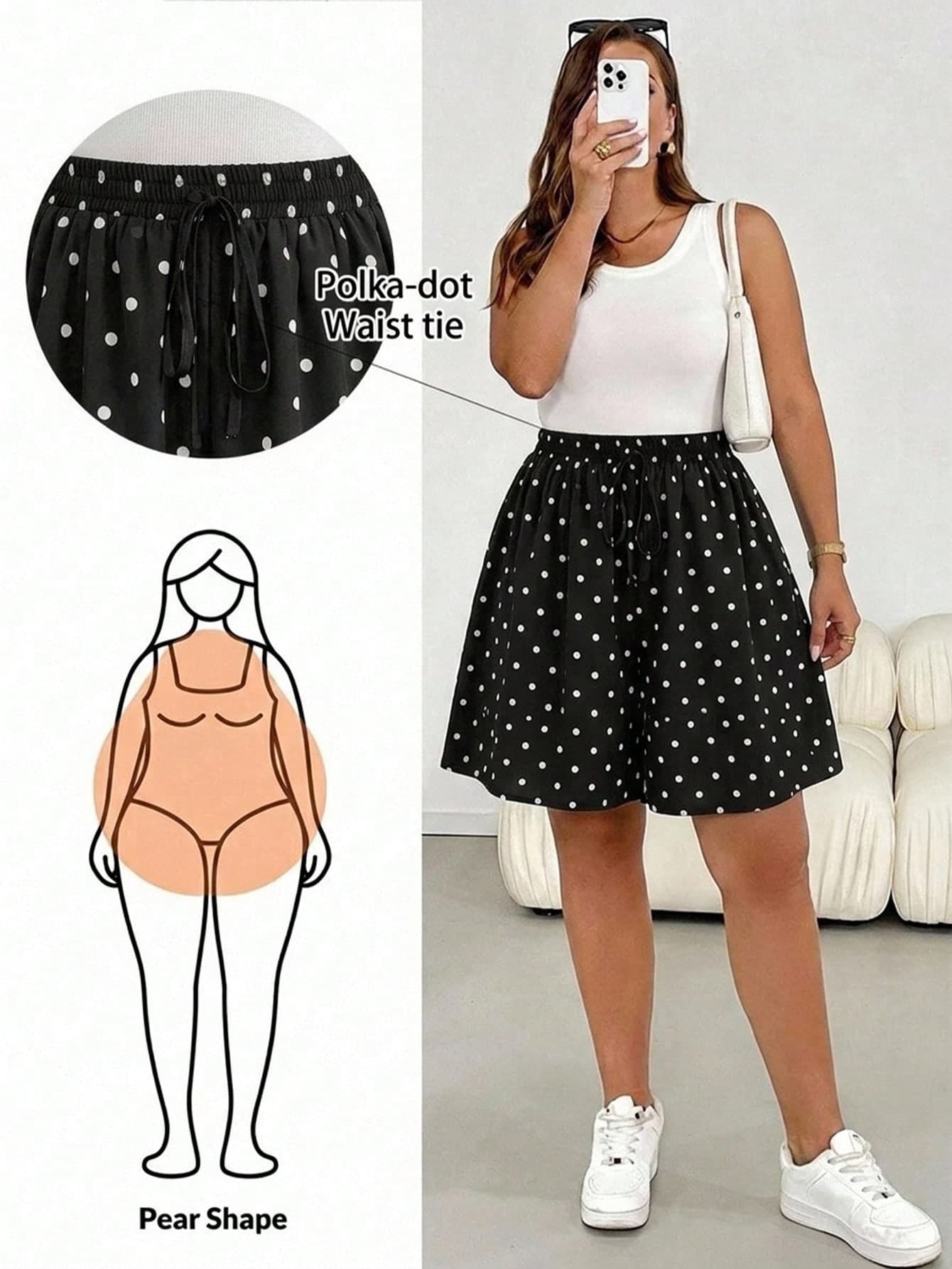SHEIN Essnce Plus Size Women's Polka Dot Wide Leg Loose Shorts With Belt, White, Suitable For Beach And Summer Casual Wear