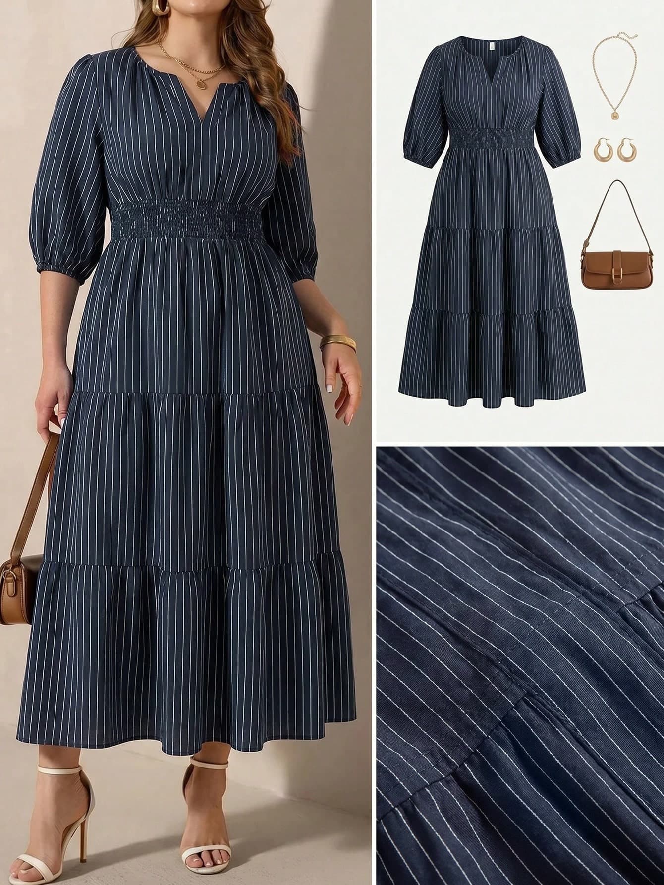 Comfylo Plus Size Women's Notch V-Neck Striped Pleated Casual Party Dress