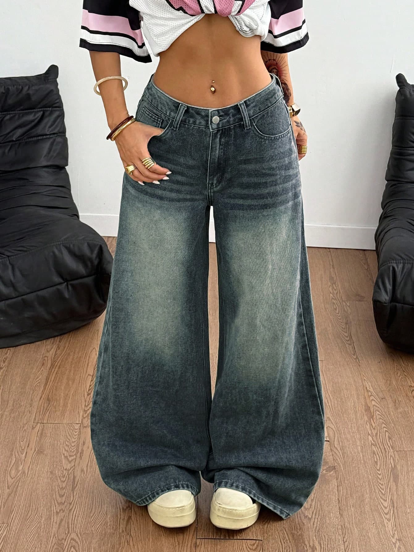 SHEIN Teen Girl Pocket Wide Leg Loose Casual Streetwear Denim Jeans Back-To-School Party Light Wash Summer