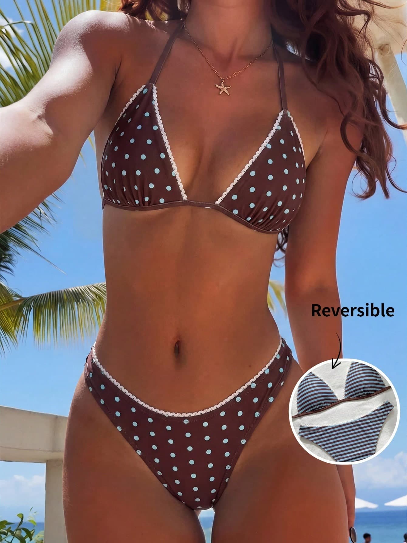 Swim Mod Ditsy Floral Two-Tone Reversible Sweet Cute Vintage Elegant Casual Bikini 2-Piece Set Women's Swimsuit For Vacation Beach Seaside