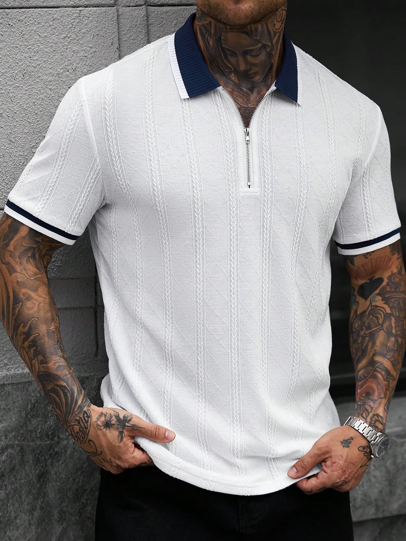 Manfinity CasualCool Men's Fashion Casual Commute Short Sleeve Polo Shirt, Men's Knitted Jacquard Top, Men's Zipper Polo Shirt, Vintage Style, Old Money Look, Suitable For Daily Casual, Weekend Travel, Outdoor Activities, Can Be Given As Boyfriend/Husband Gift, Party, Summer Vacation, Beach Wear, Hawaiian Wedding And Spring/Summer Wear.